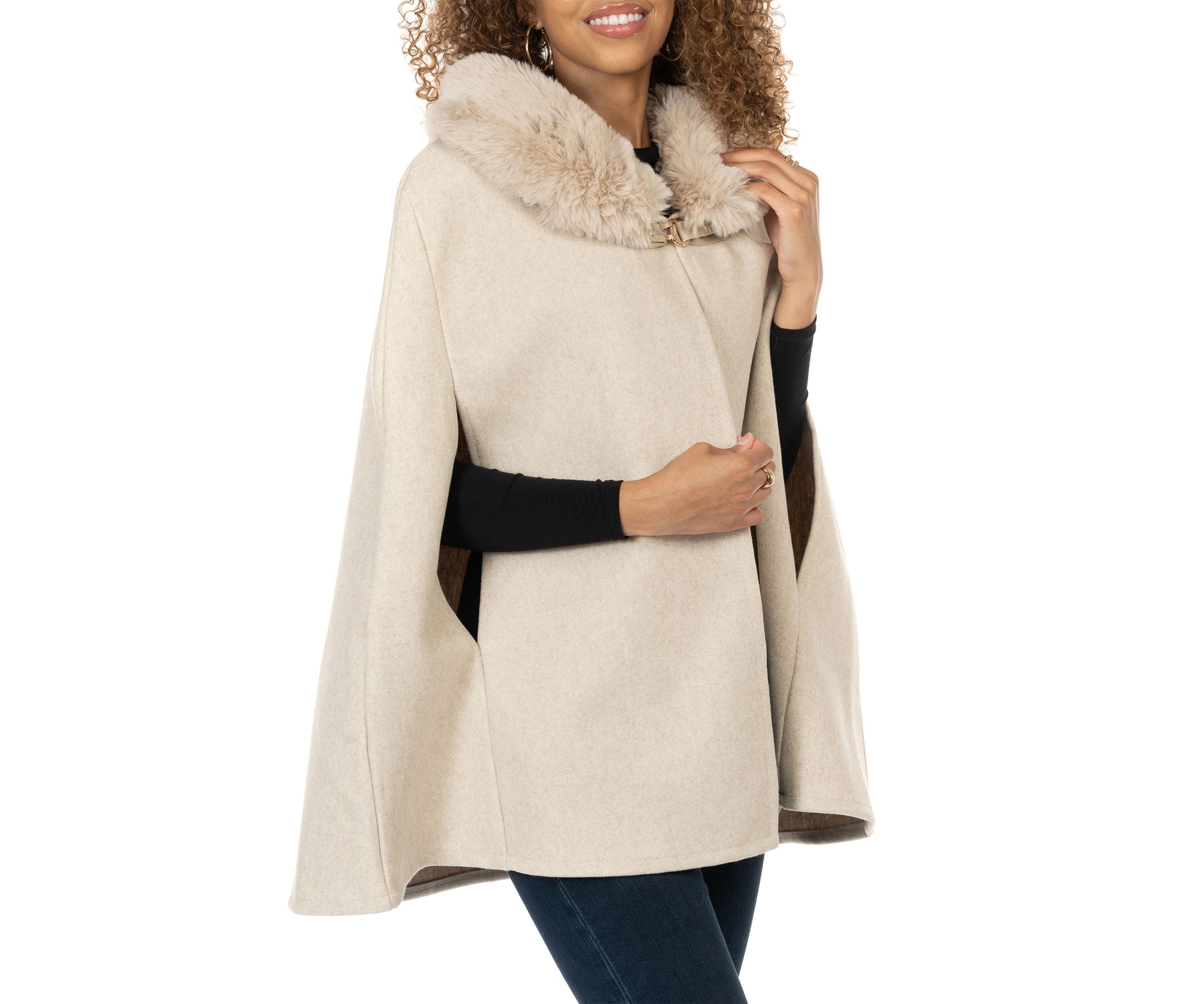 Womens Solid Faux Fur Collared Cape Topper