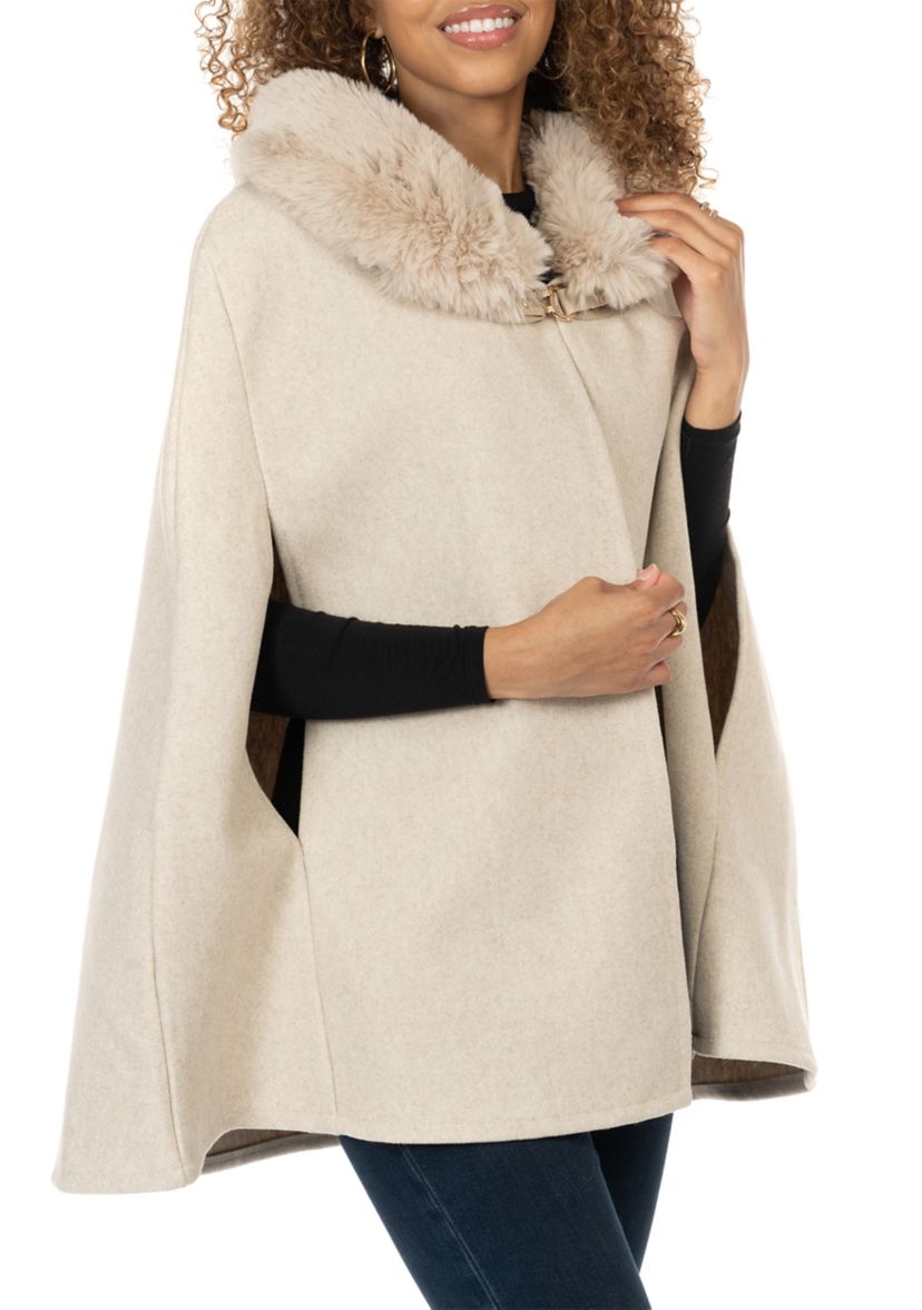 Womens Solid Faux Fur Collared Cape Topper