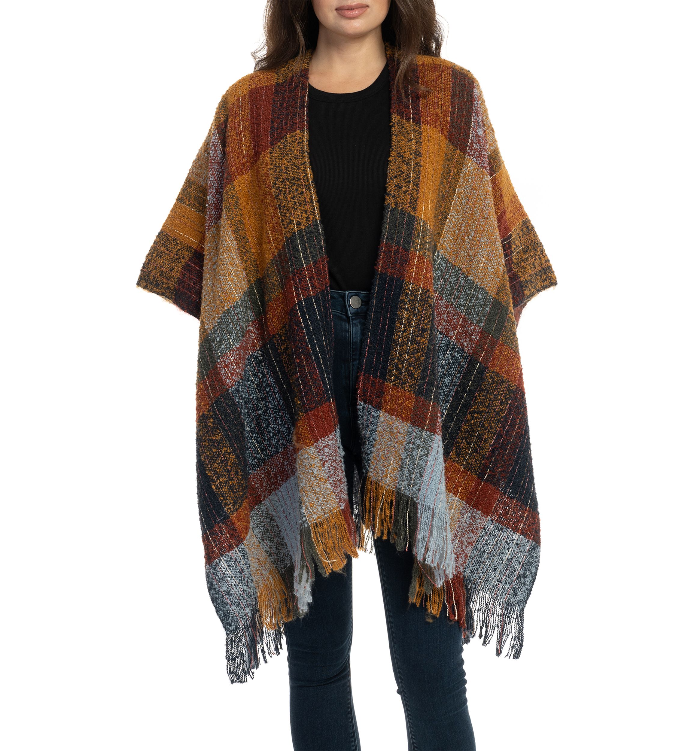 Womens Brushed Reversible Color Blocked Plaid Printed Topper