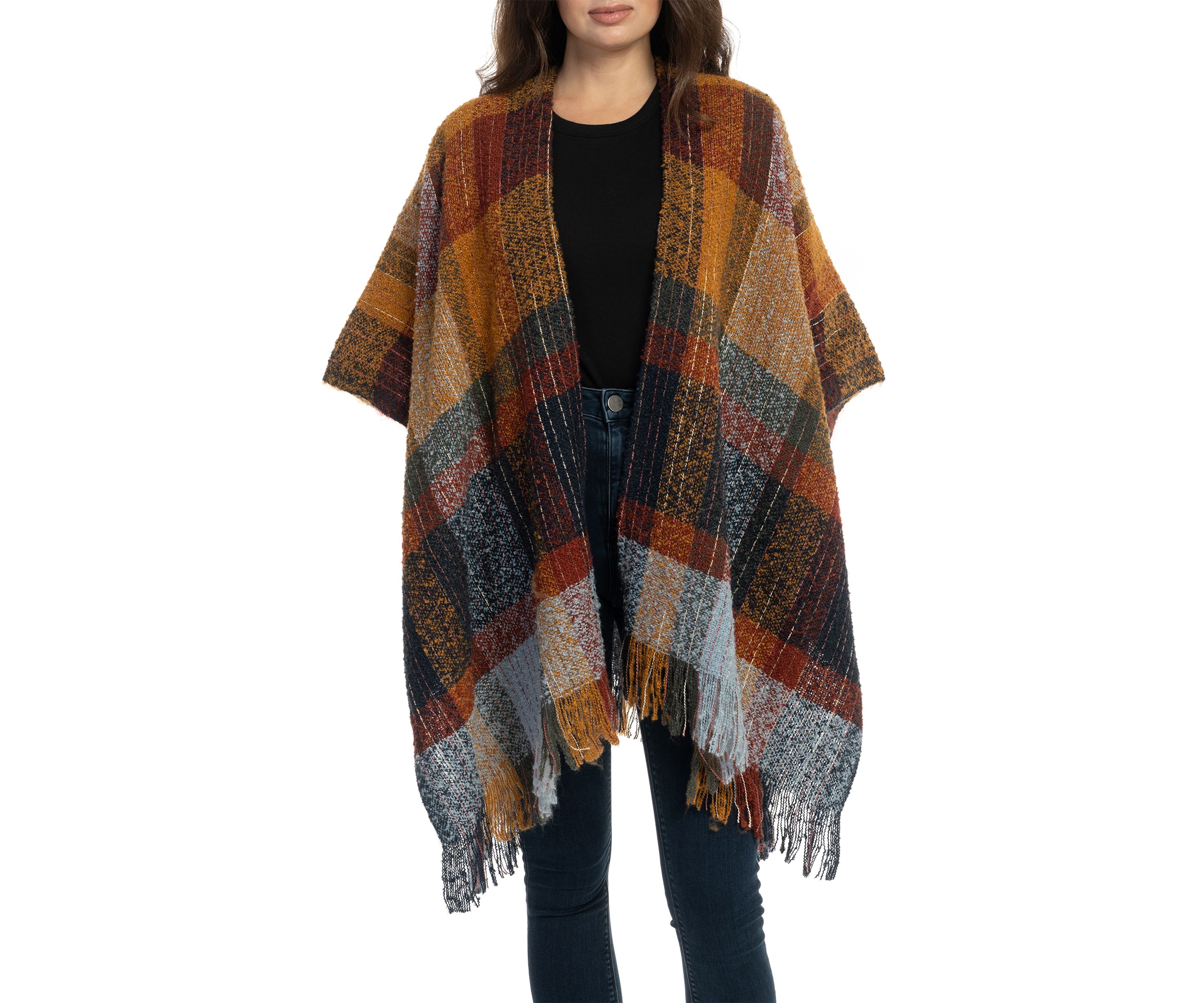 Womens Brushed Reversible Color Blocked Plaid Printed Topper