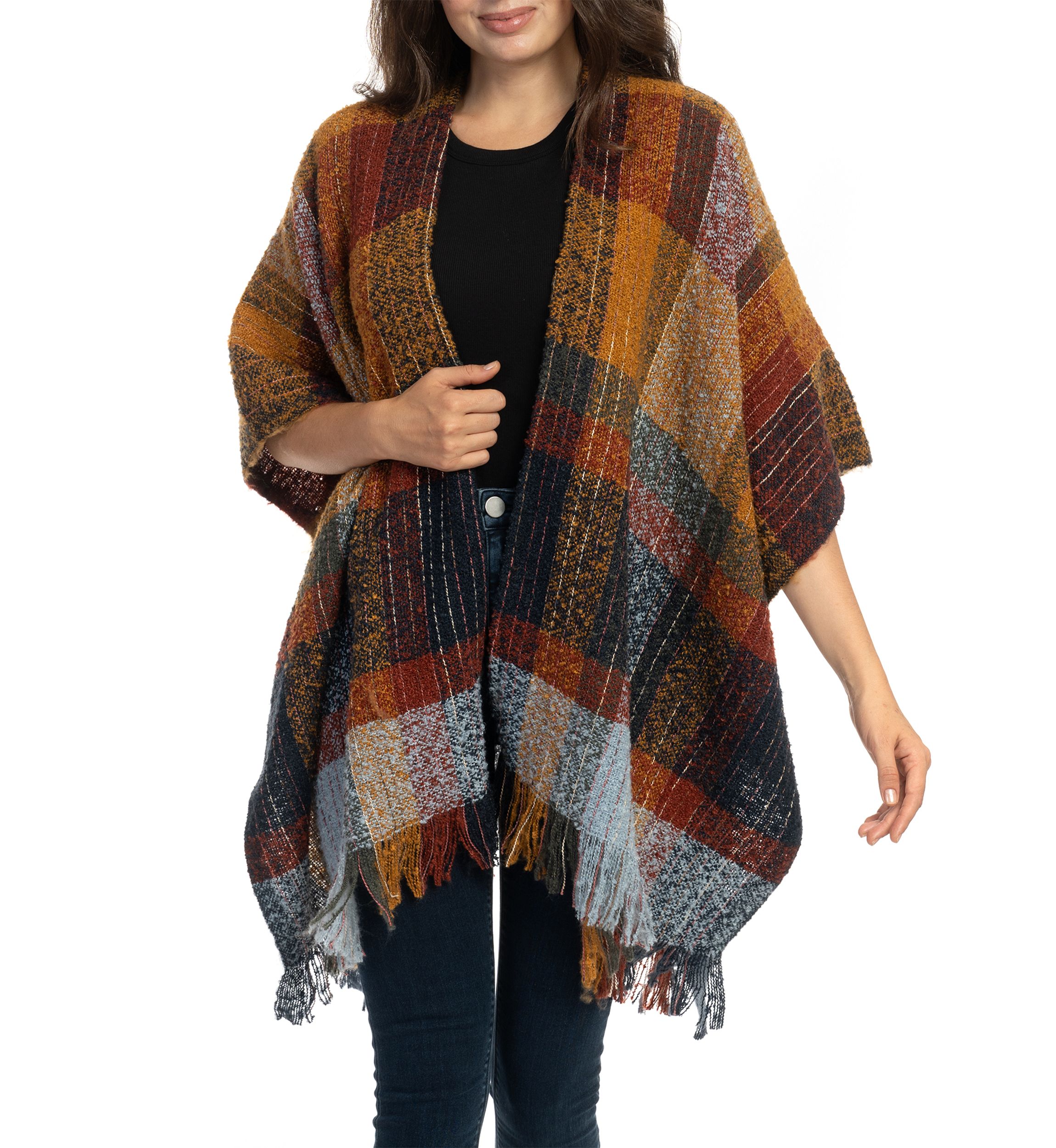Womens Brushed Reversible Color Blocked Plaid Printed Topper