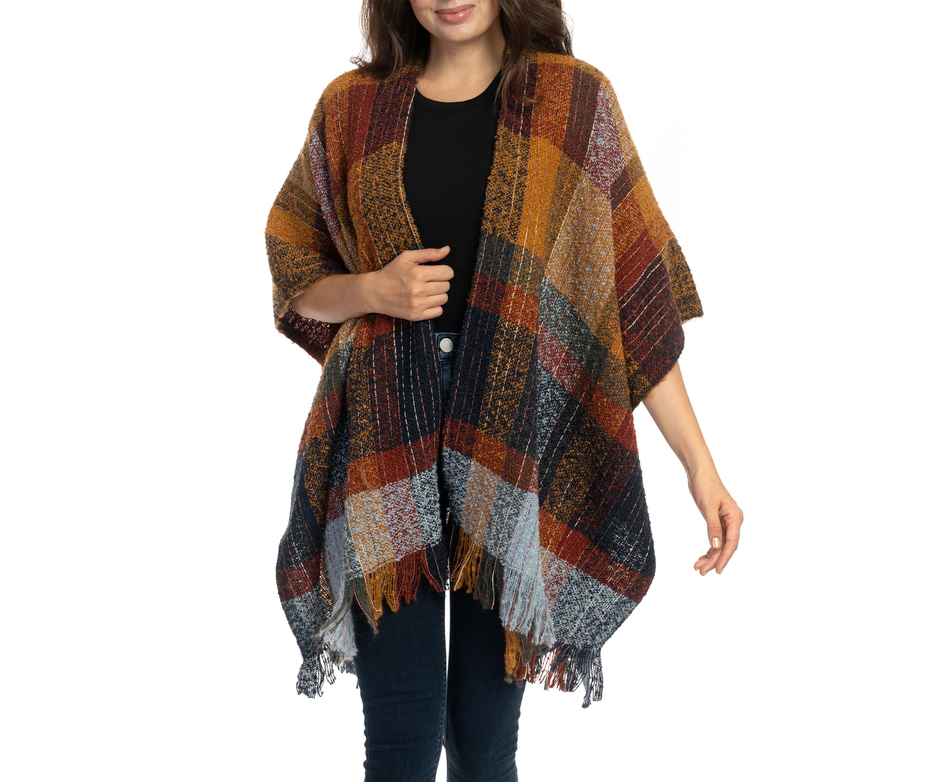 Womens Brushed Reversible Color Blocked Plaid Printed Topper