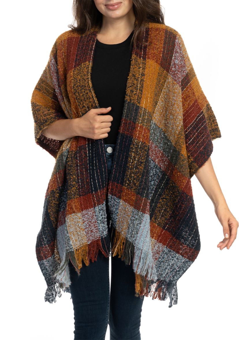Womens Brushed Reversible Color Blocked Plaid Printed Topper