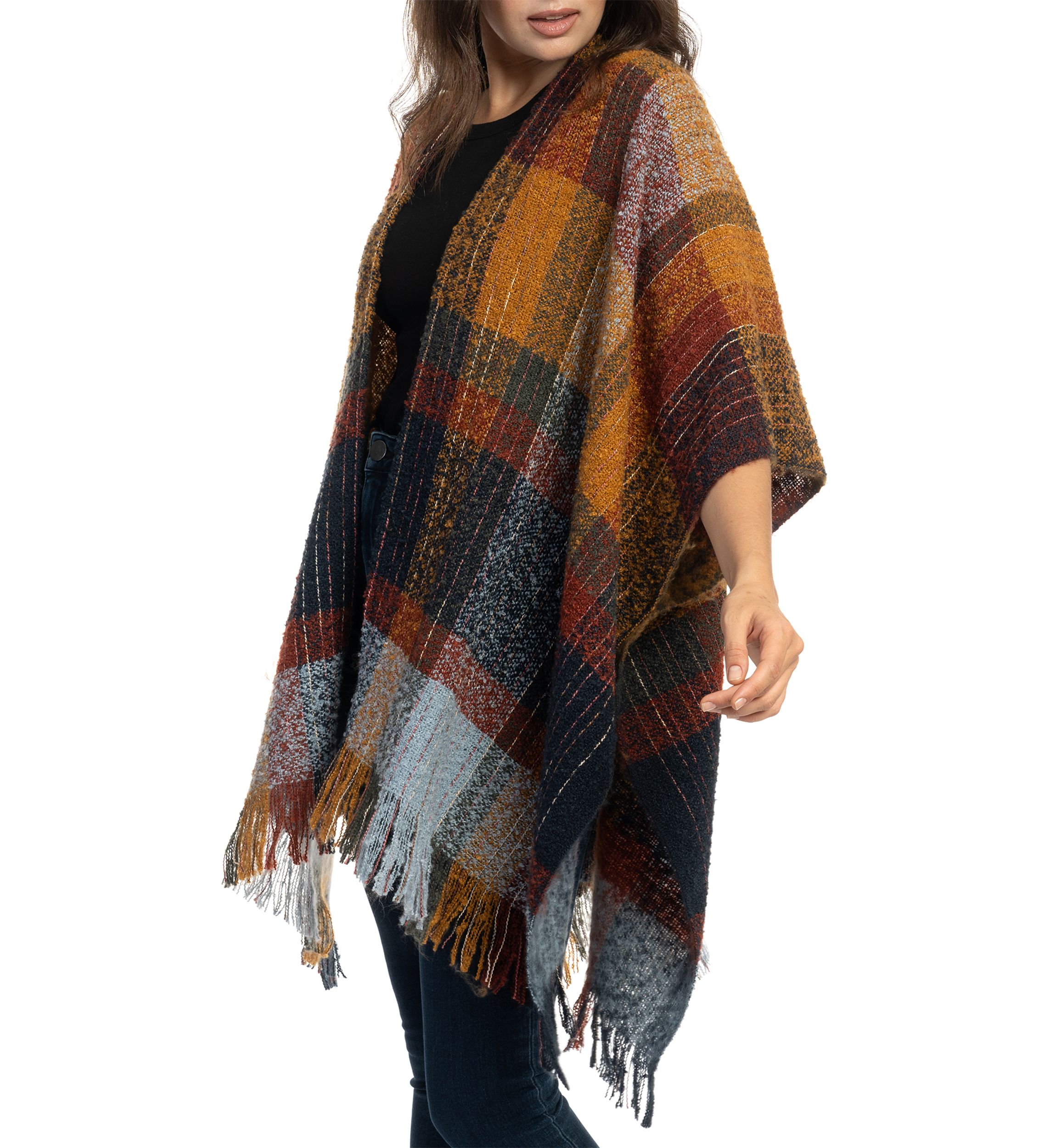 Womens Brushed Reversible Color Blocked Plaid Printed Topper