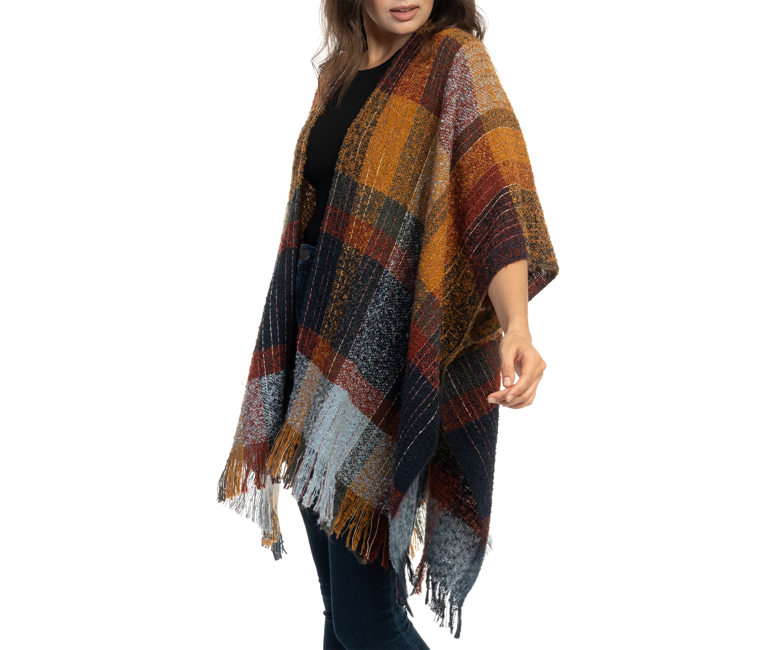 Womens Brushed Reversible Color Blocked Plaid Printed Topper