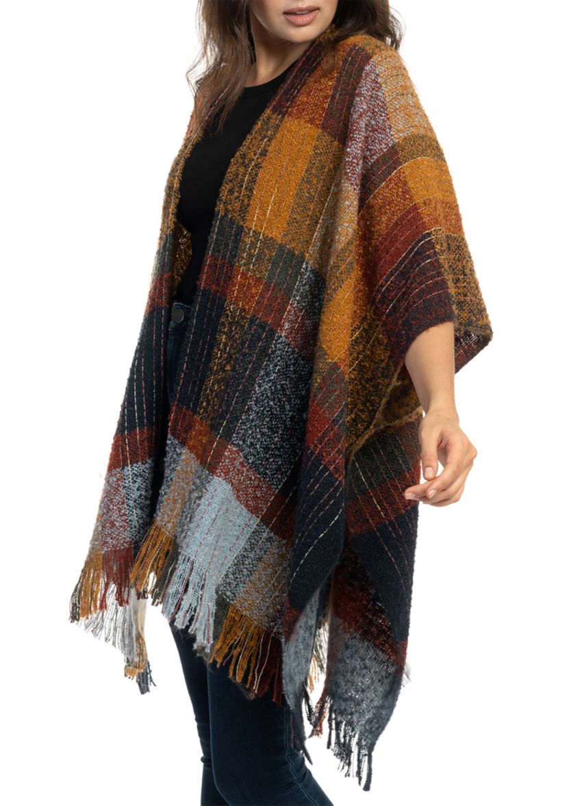 Womens Brushed Reversible Color Blocked Plaid Printed Topper