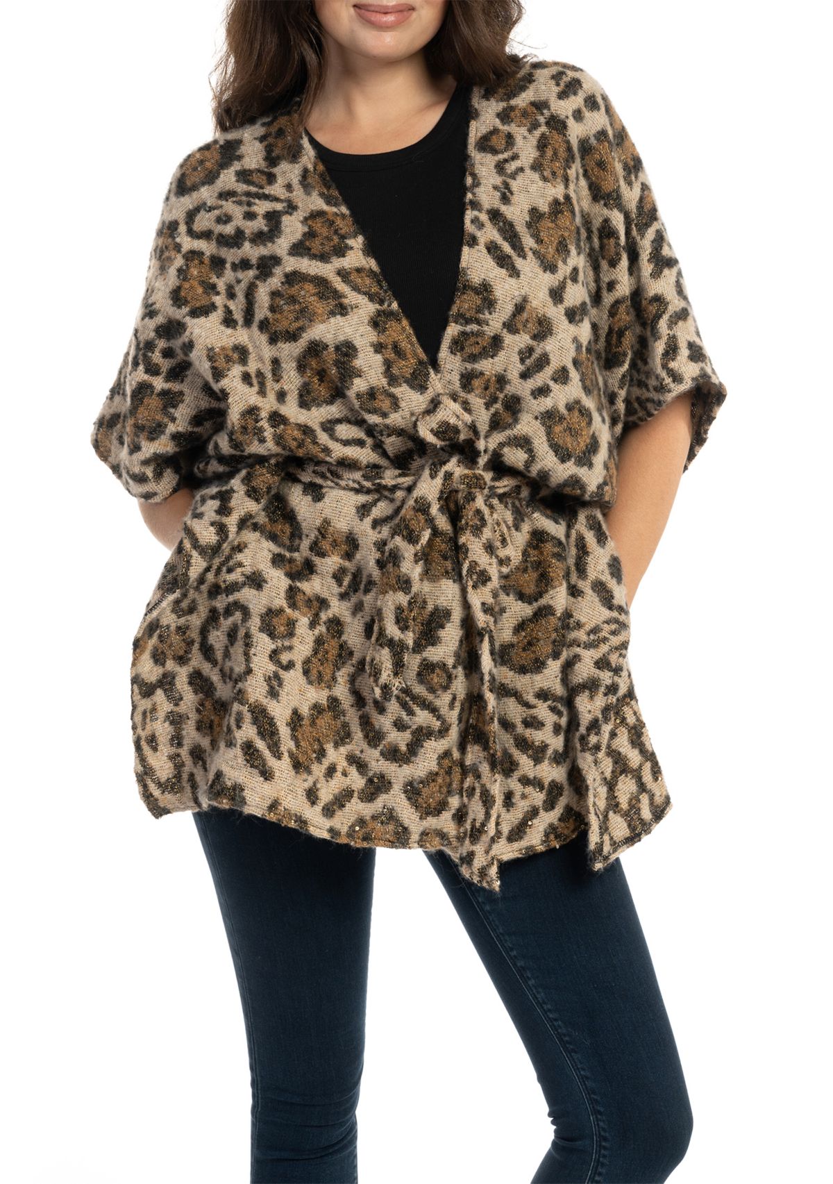Womens Animal Printed Jacquard Belted Topper