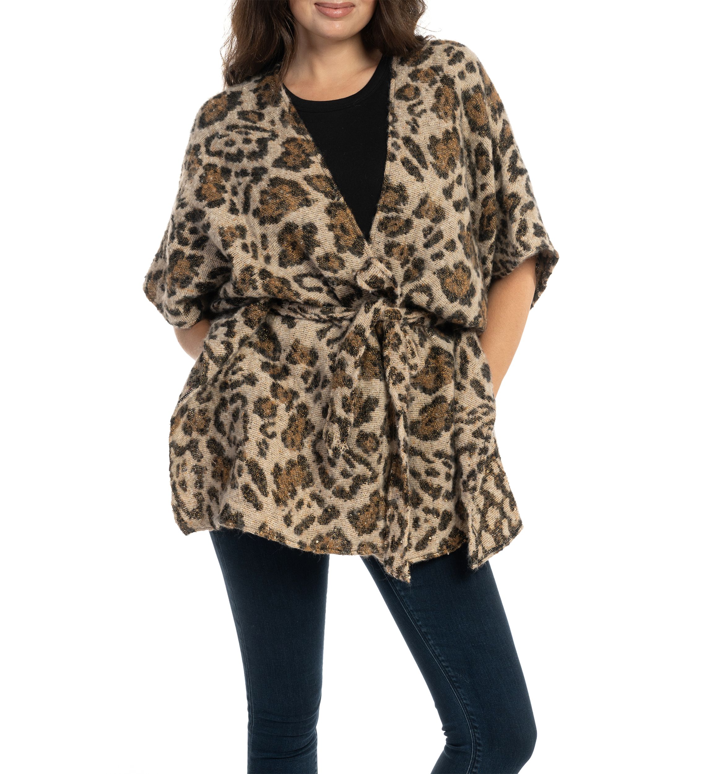 Womens Animal Printed Jacquard Belted Topper