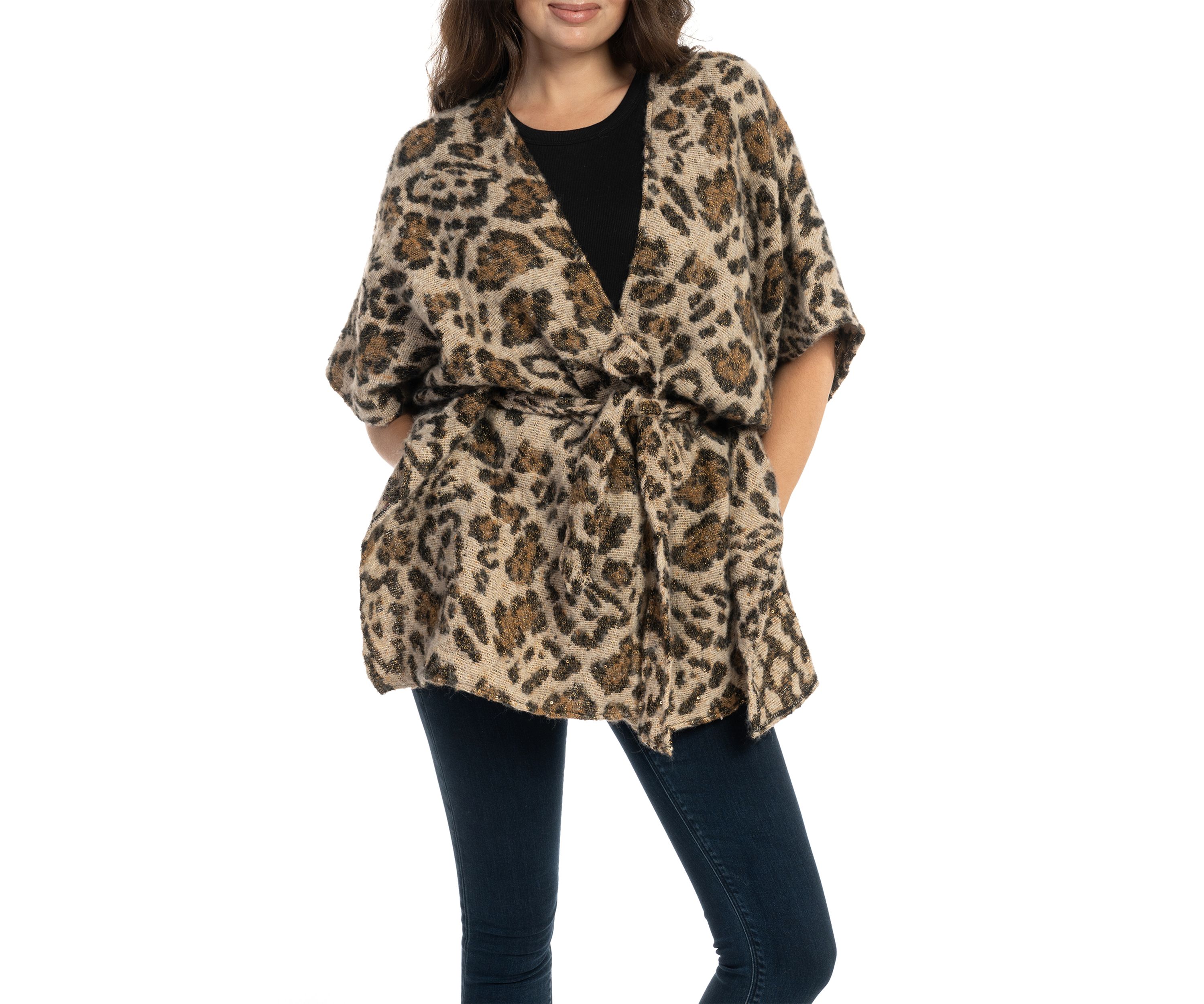 Womens Animal Printed Jacquard Belted Topper