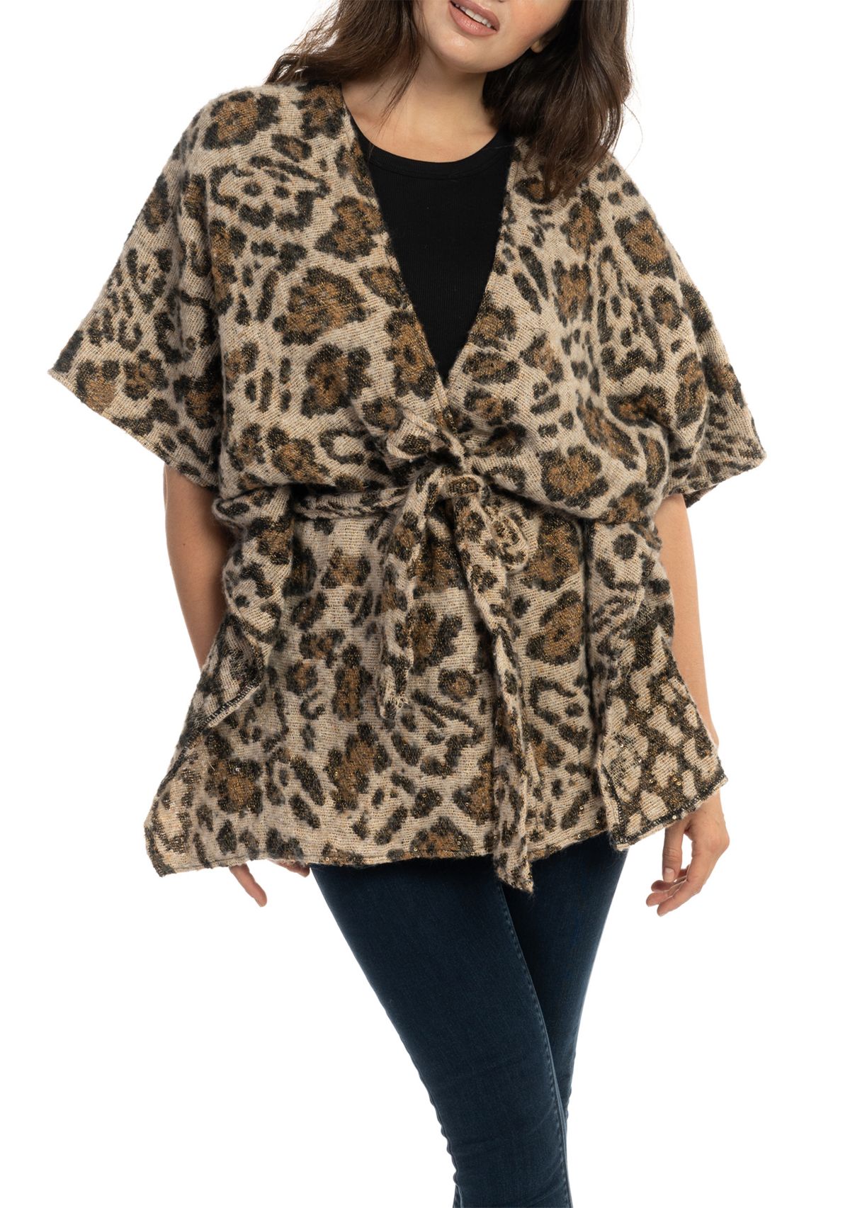 Womens Animal Printed Jacquard Belted Topper