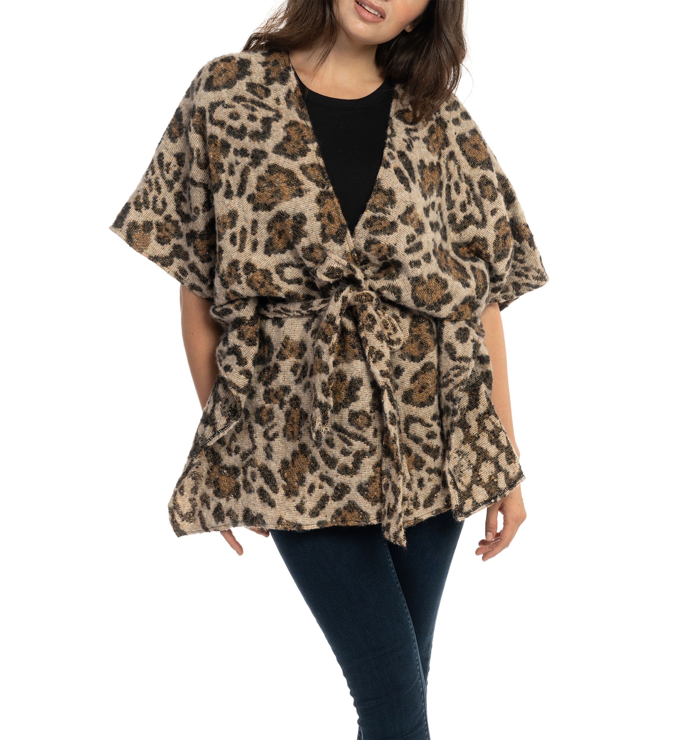 Womens Animal Printed Jacquard Belted Topper
