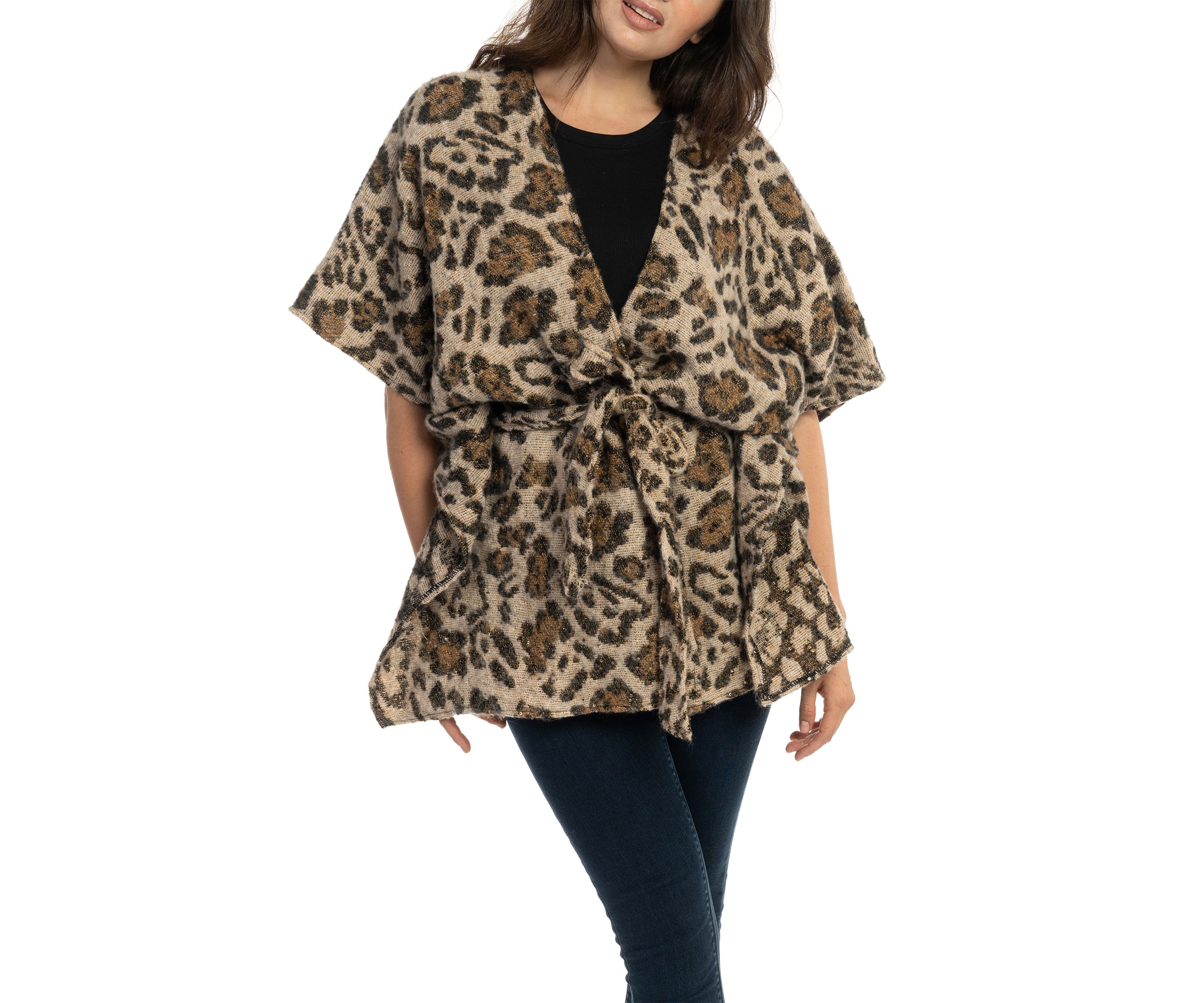 Womens Animal Printed Jacquard Belted Topper