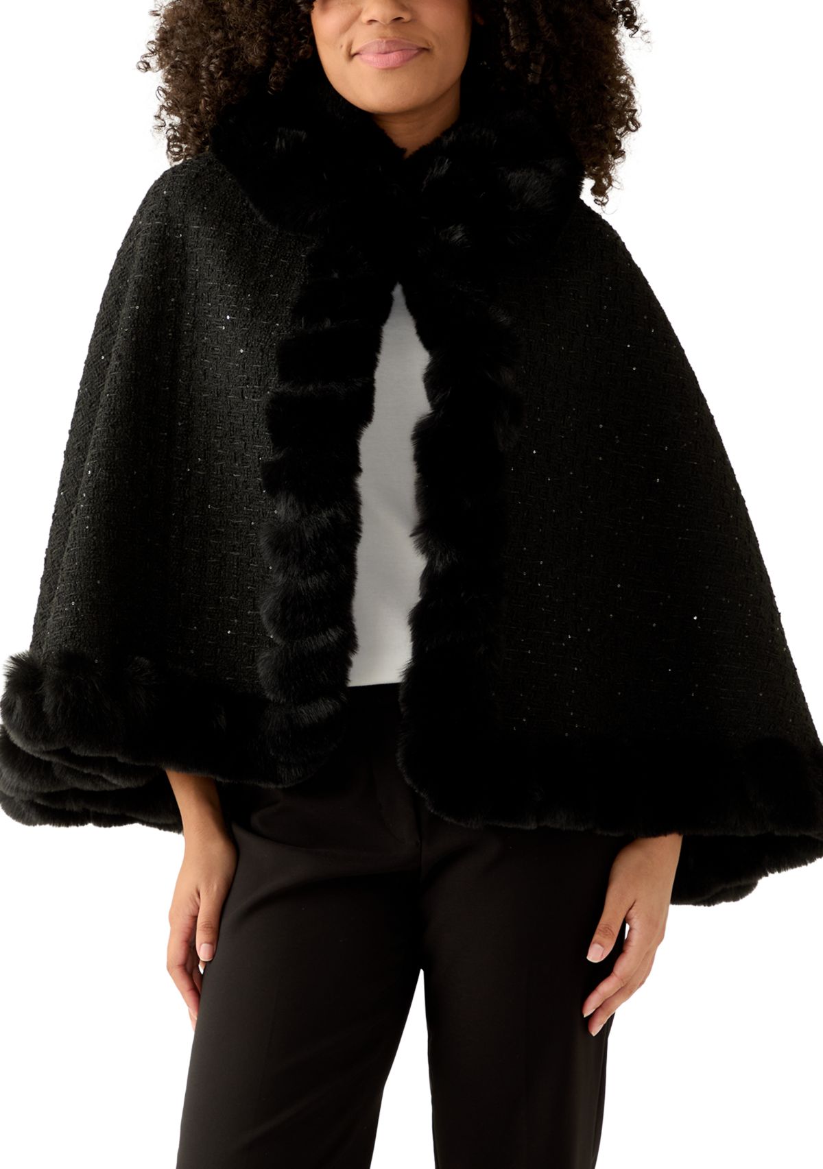 Womens Tweed Sequin Cape with Faux Fur