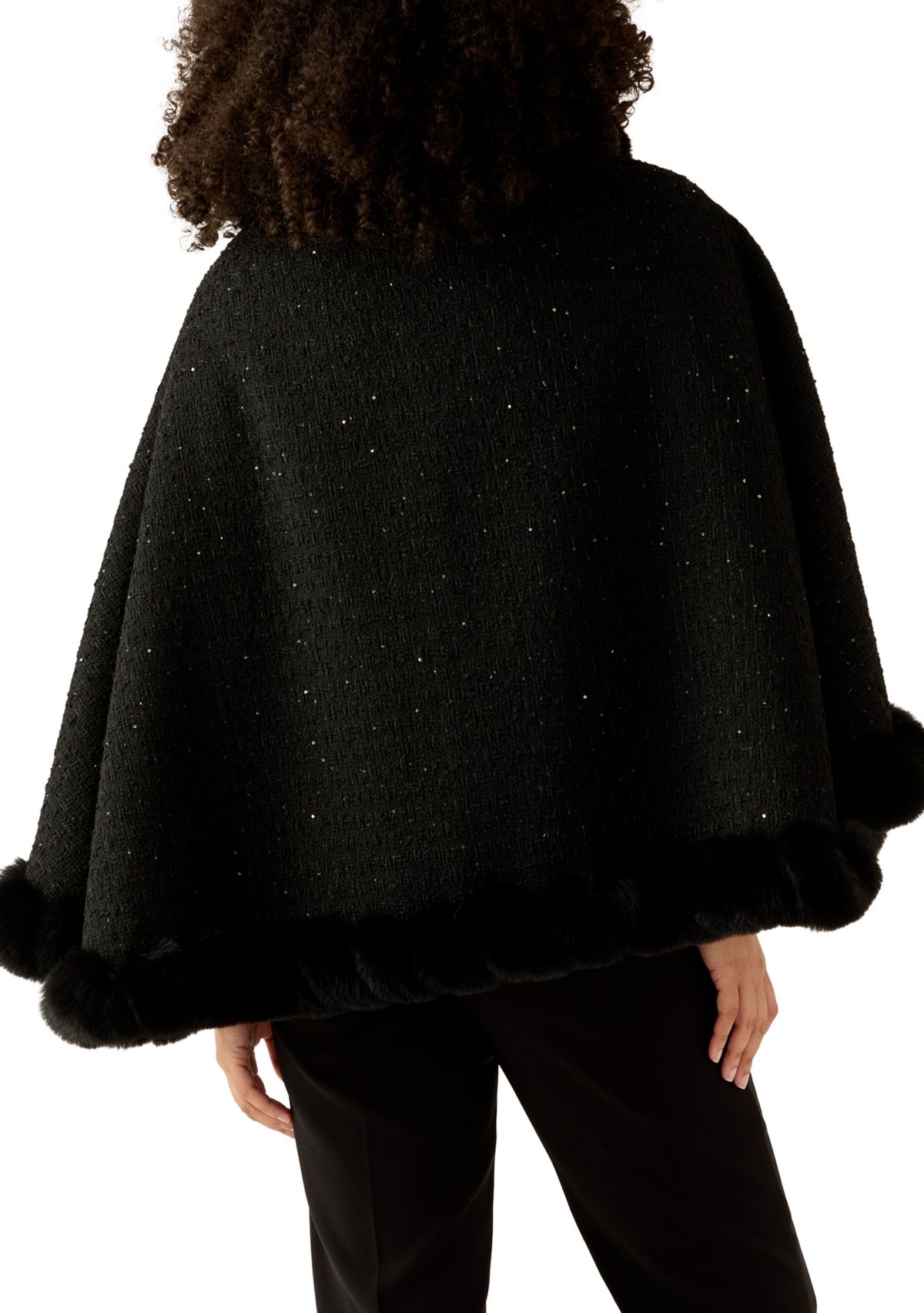 Womens Tweed Sequin Cape with Faux Fur