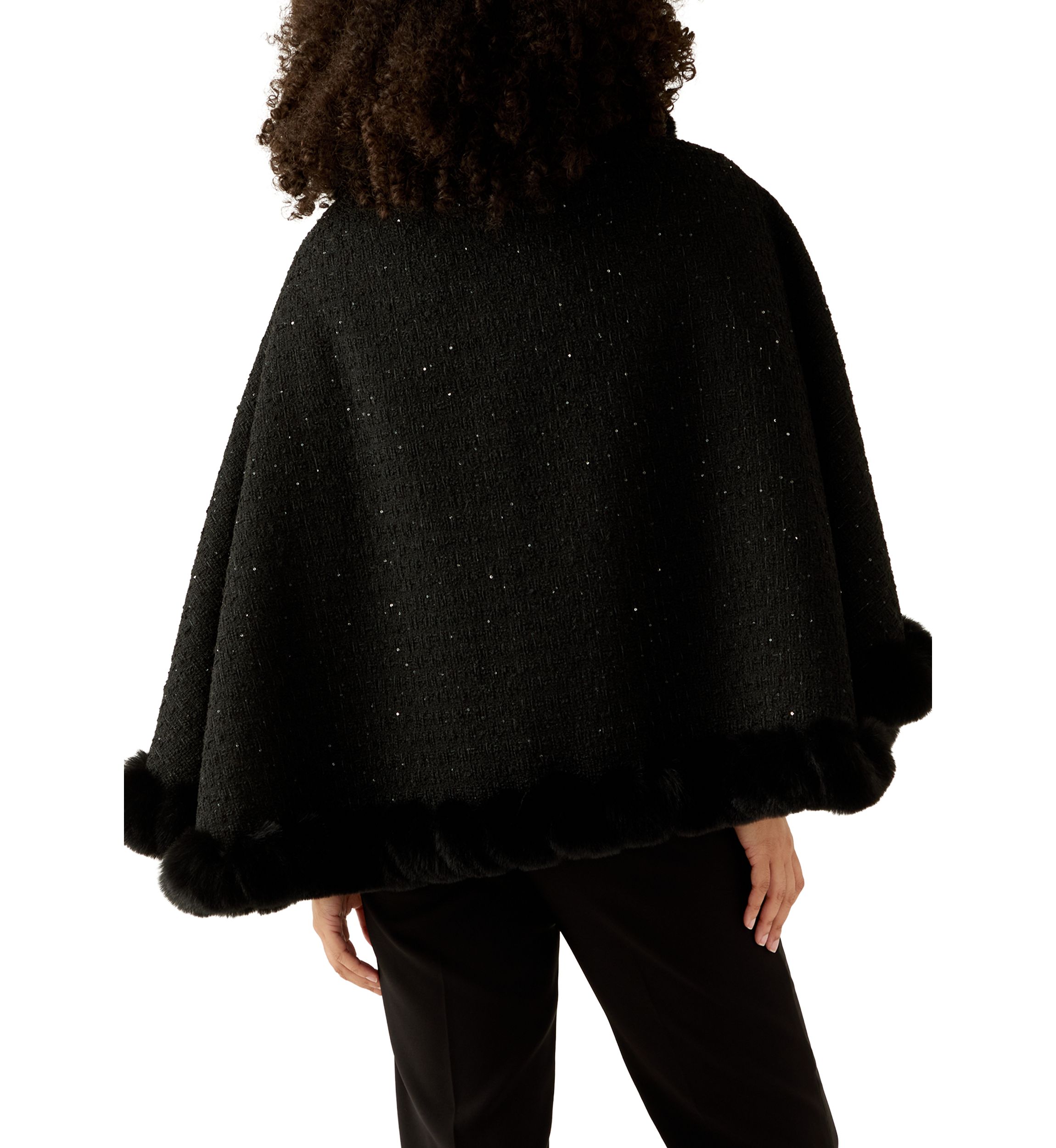 Womens Tweed Sequin Cape with Faux Fur