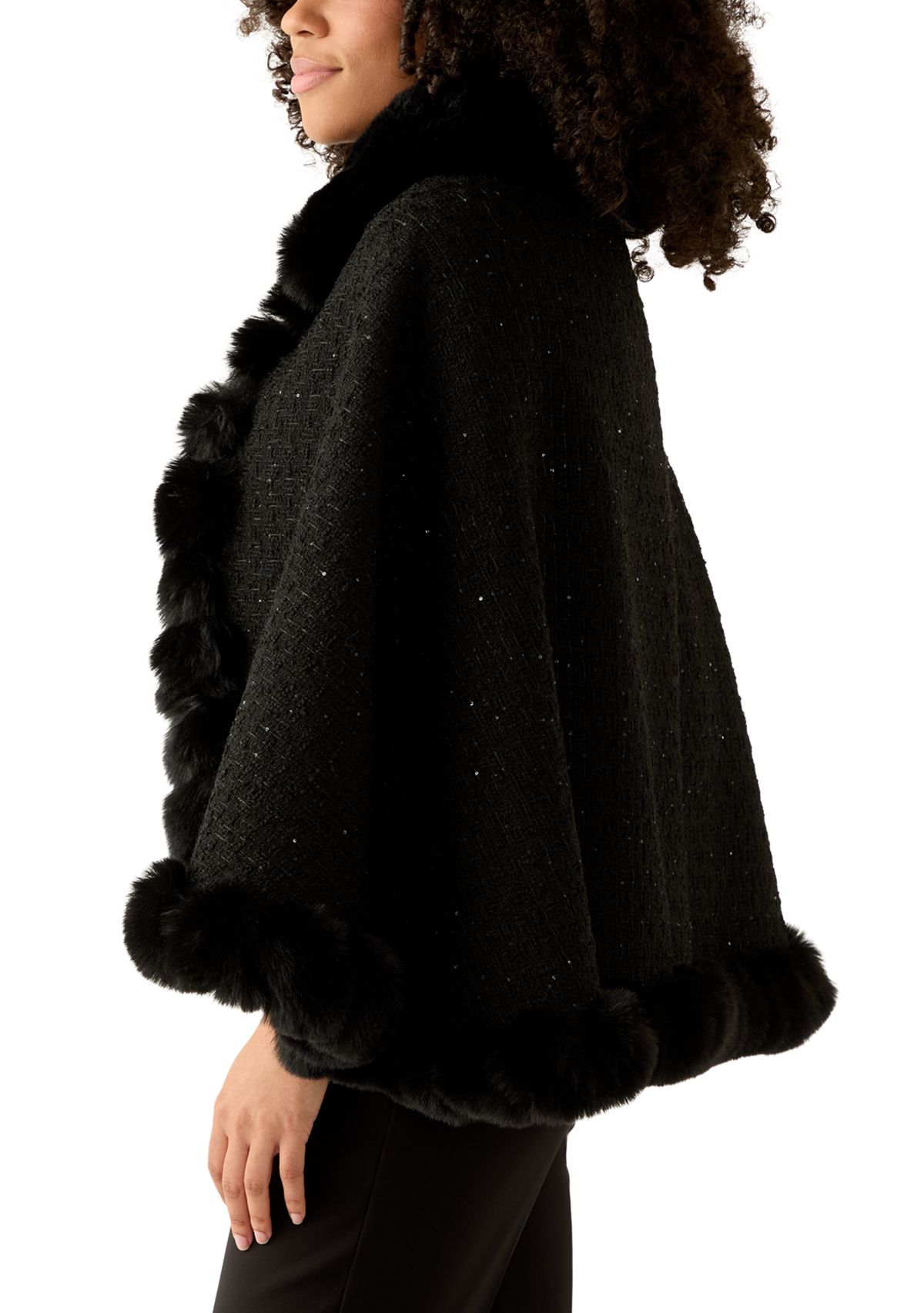 Womens Tweed Sequin Cape with Faux Fur