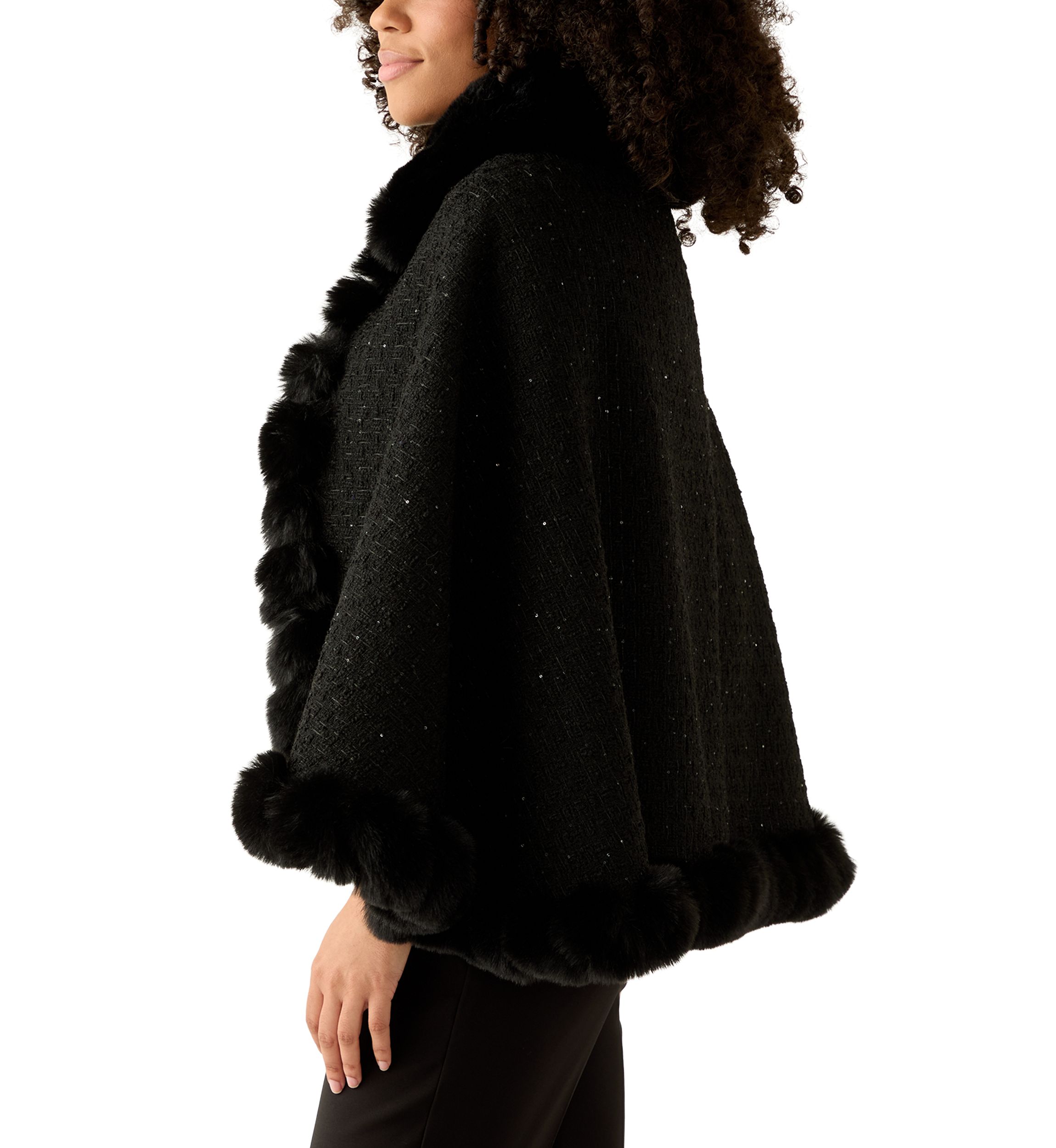 Womens Tweed Sequin Cape with Faux Fur