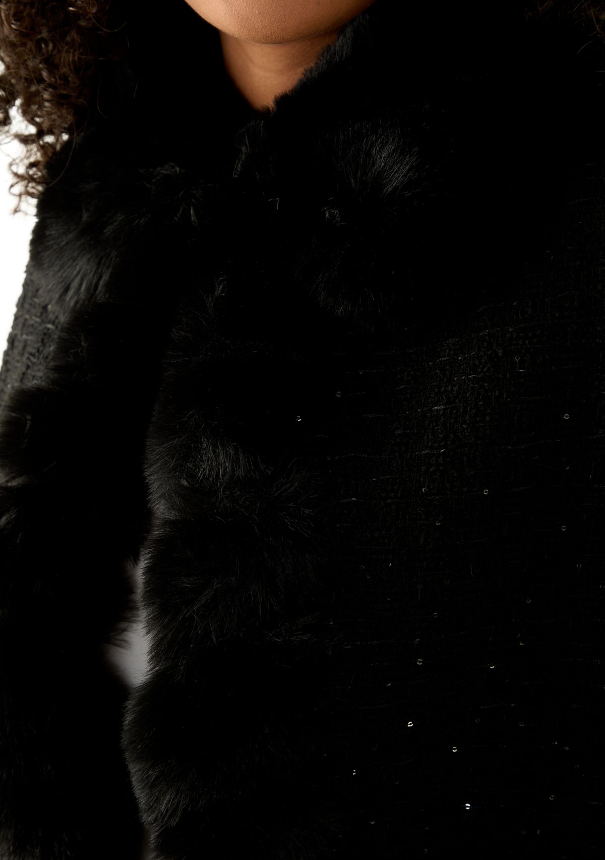 Womens Tweed Sequin Cape with Faux Fur