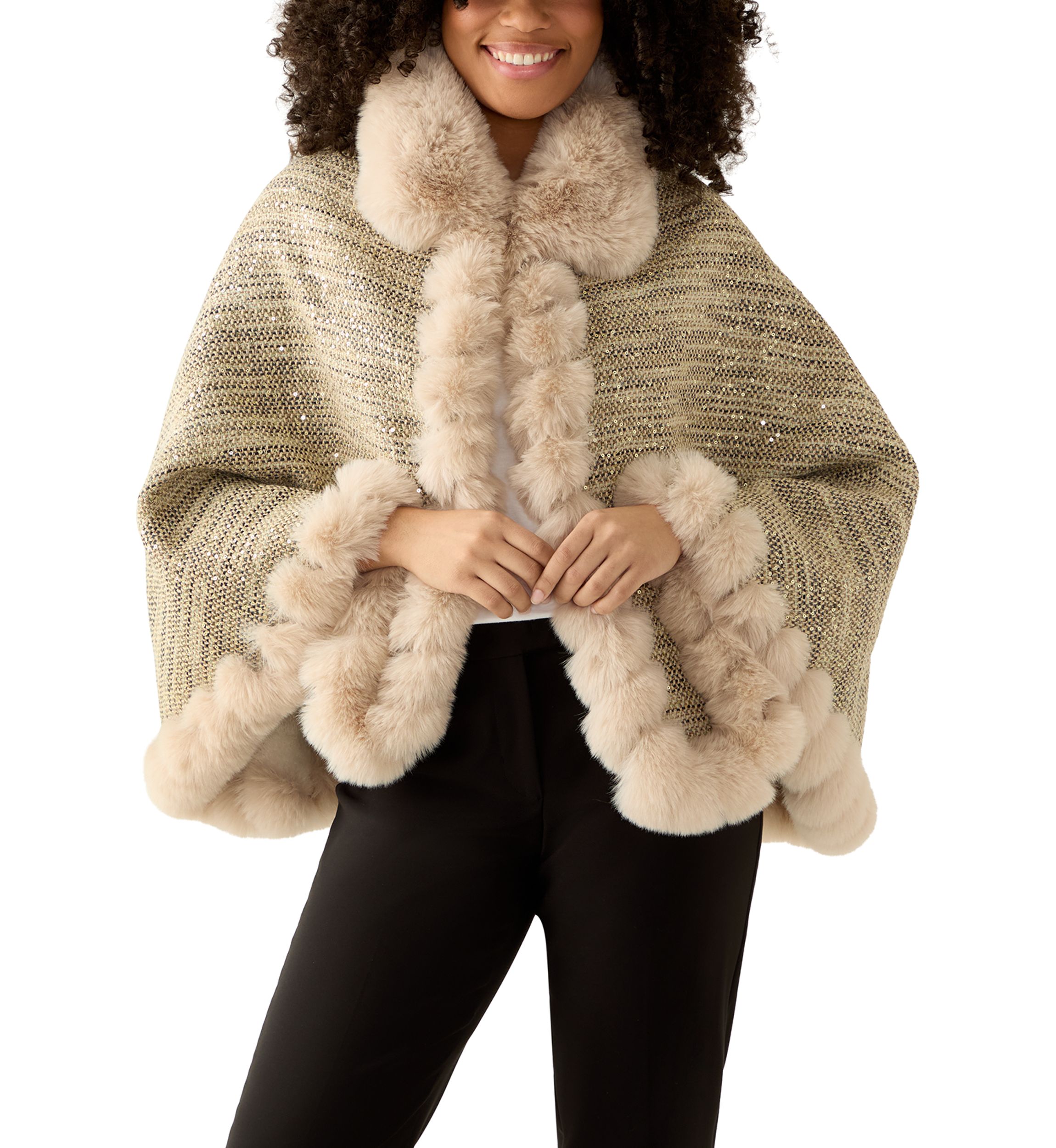 Womens Tweed Sequin Cape 