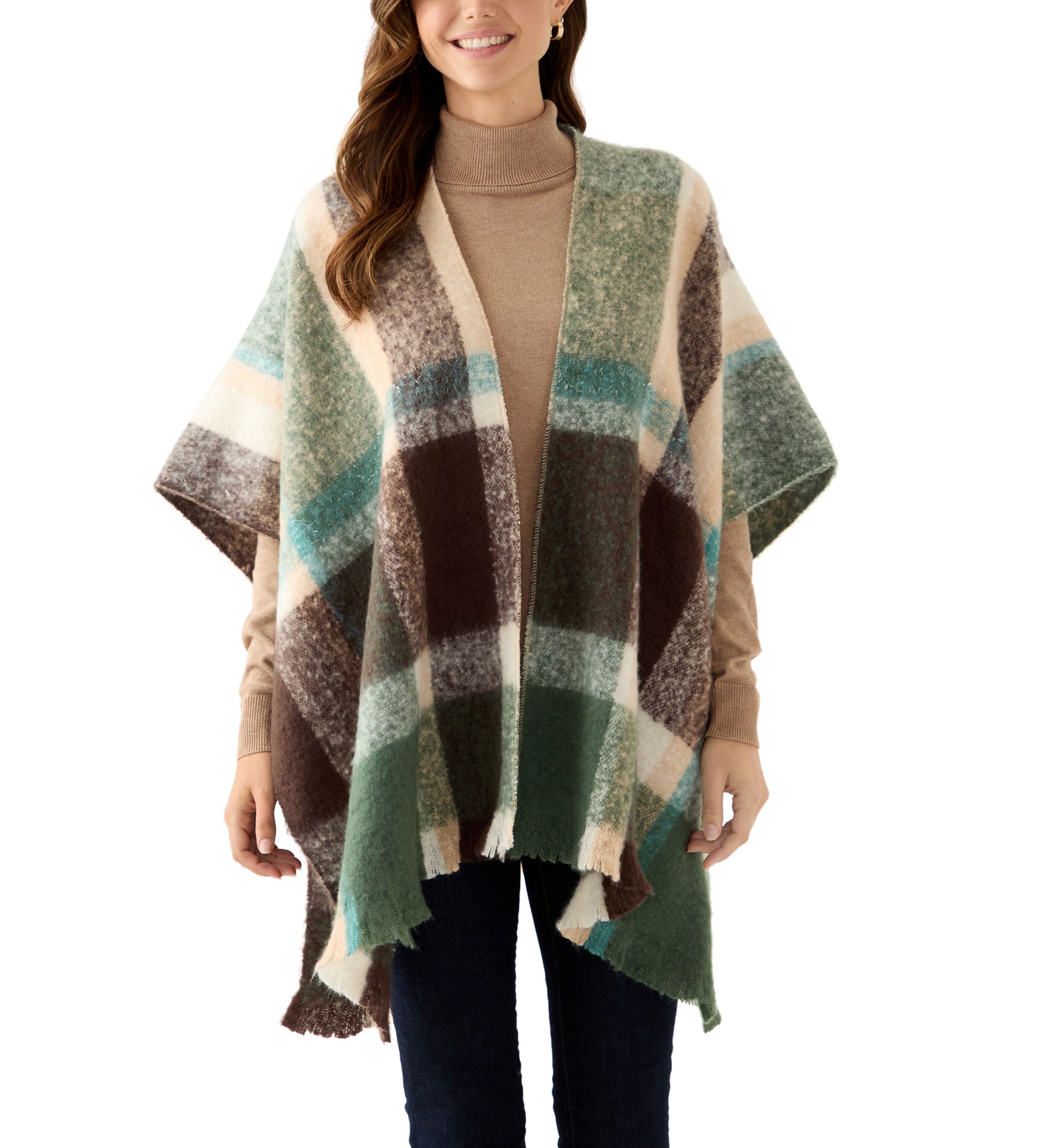 Womens Plaid Topper with Fringe 