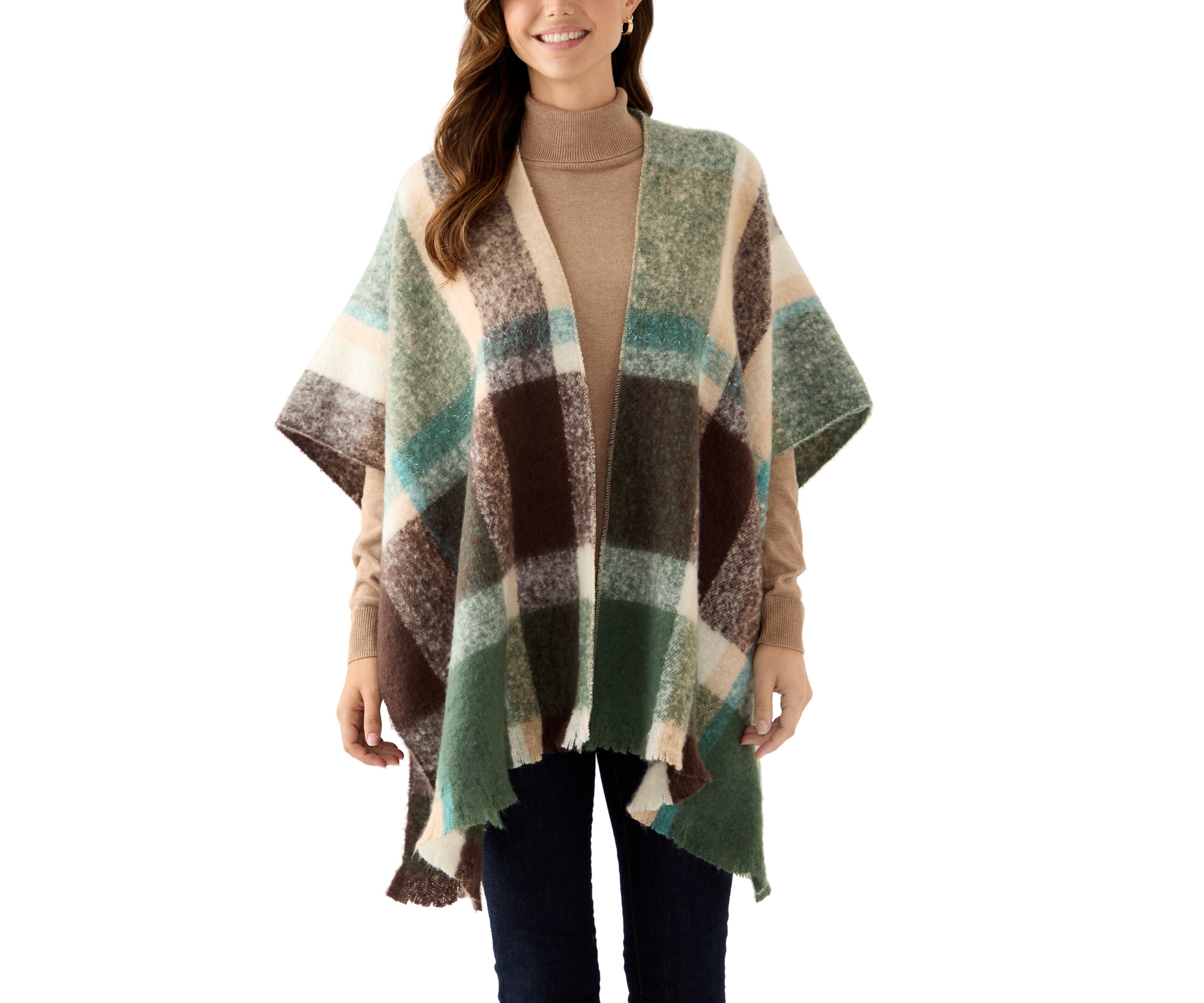 Womens Plaid Topper with Fringe 