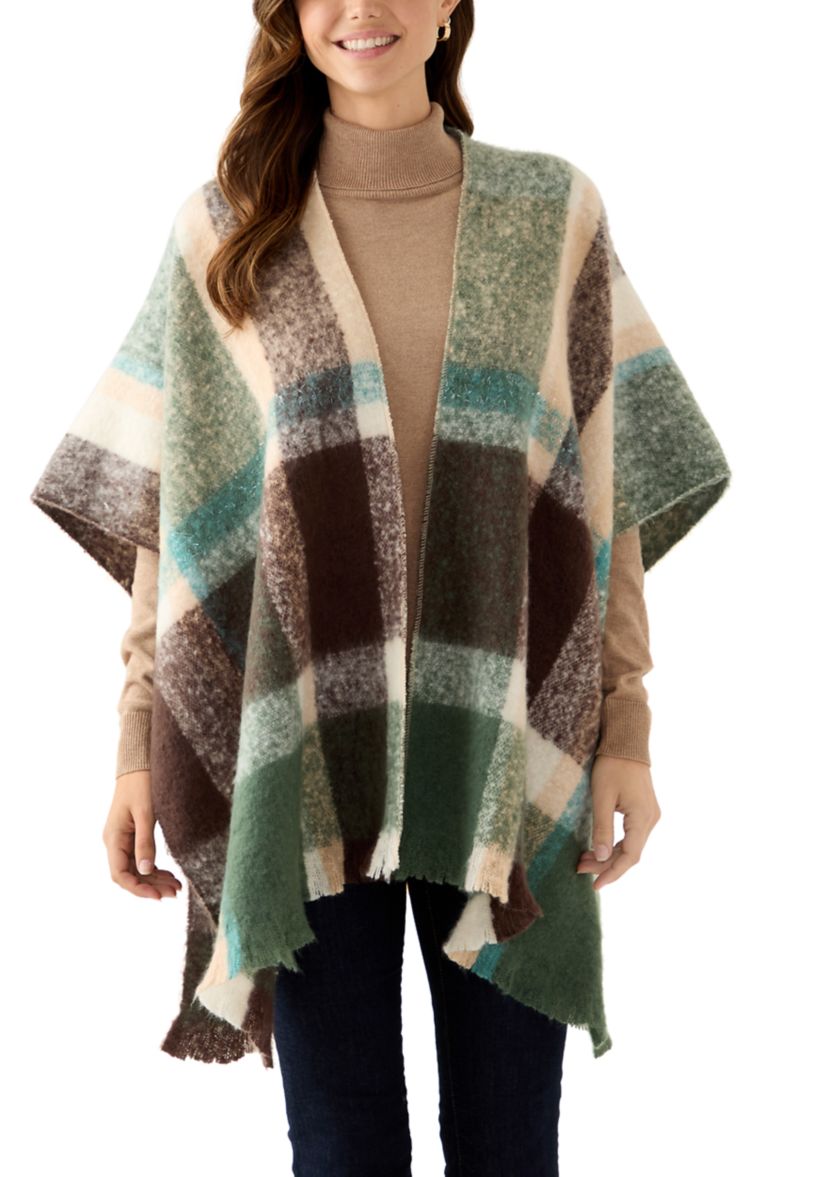 Womens Plaid Topper with Fringe 