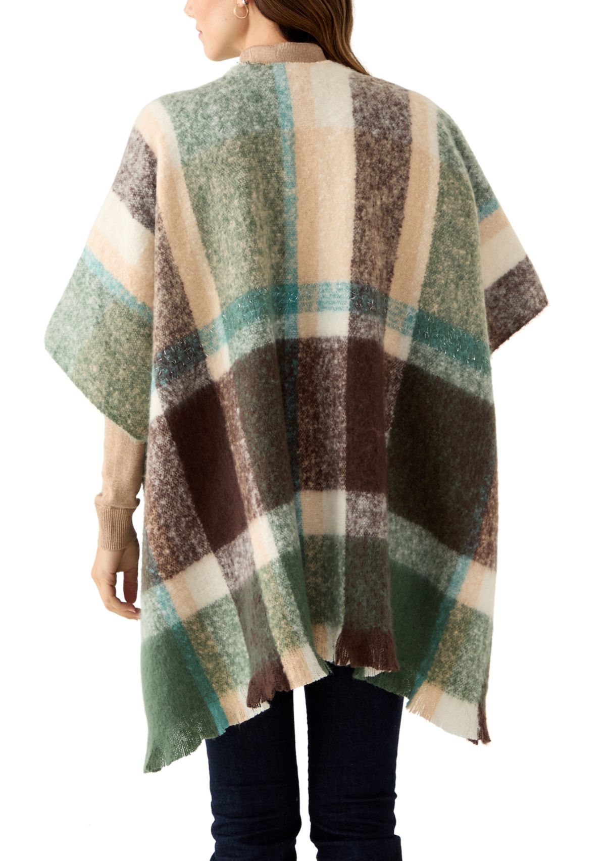 Womens Plaid Topper with Fringe 