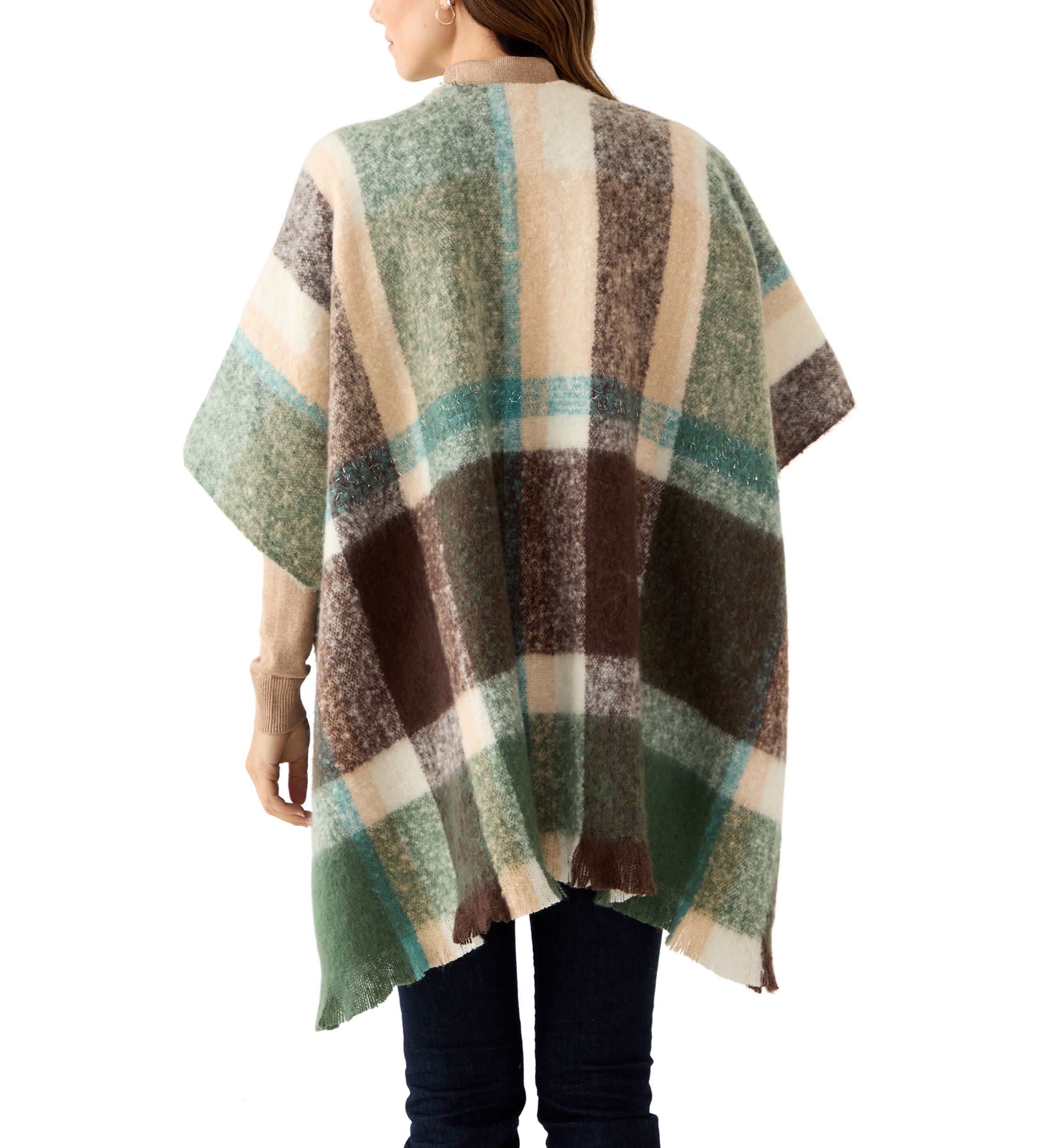 Womens Plaid Topper with Fringe 