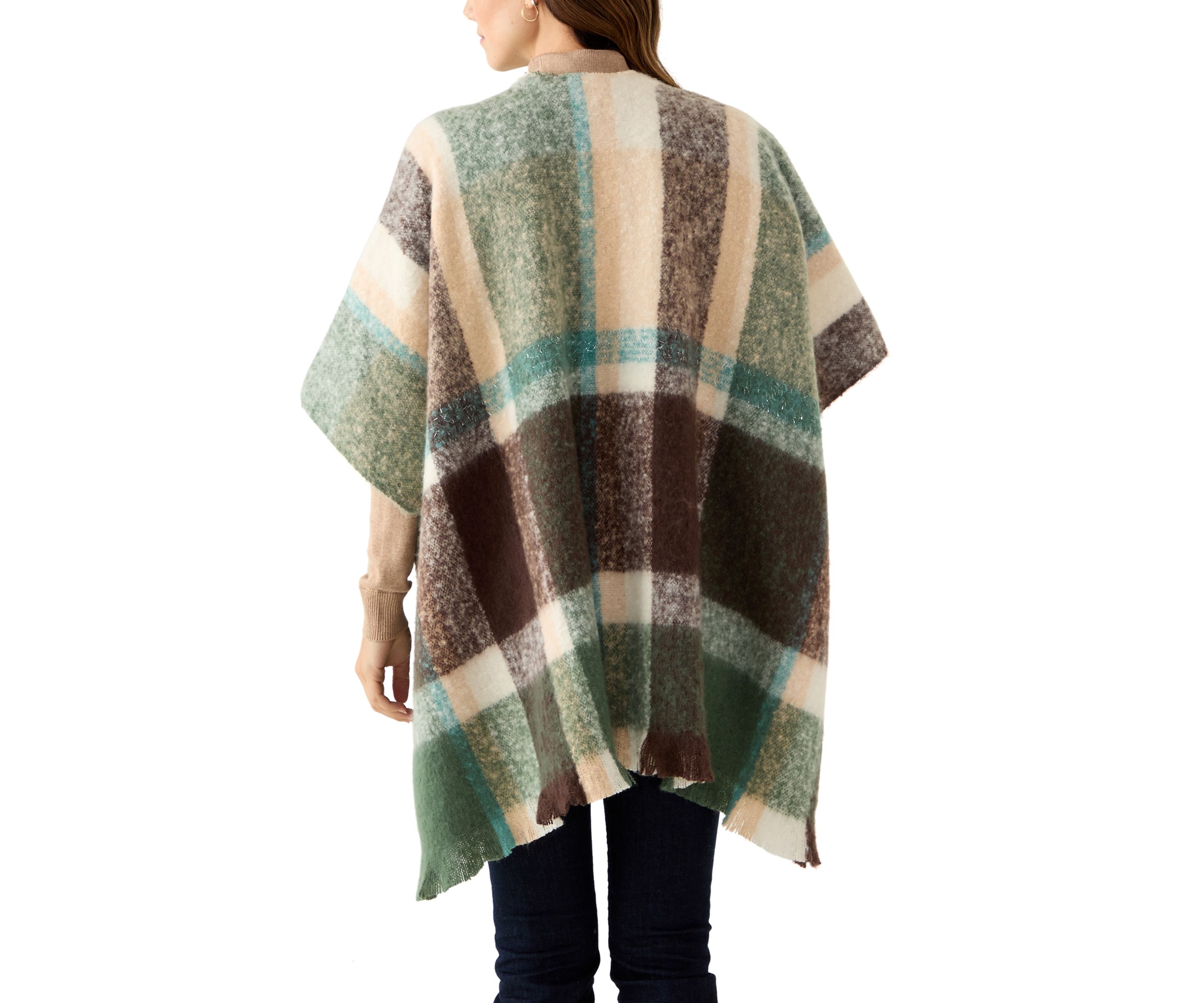 Womens Plaid Topper with Fringe 
