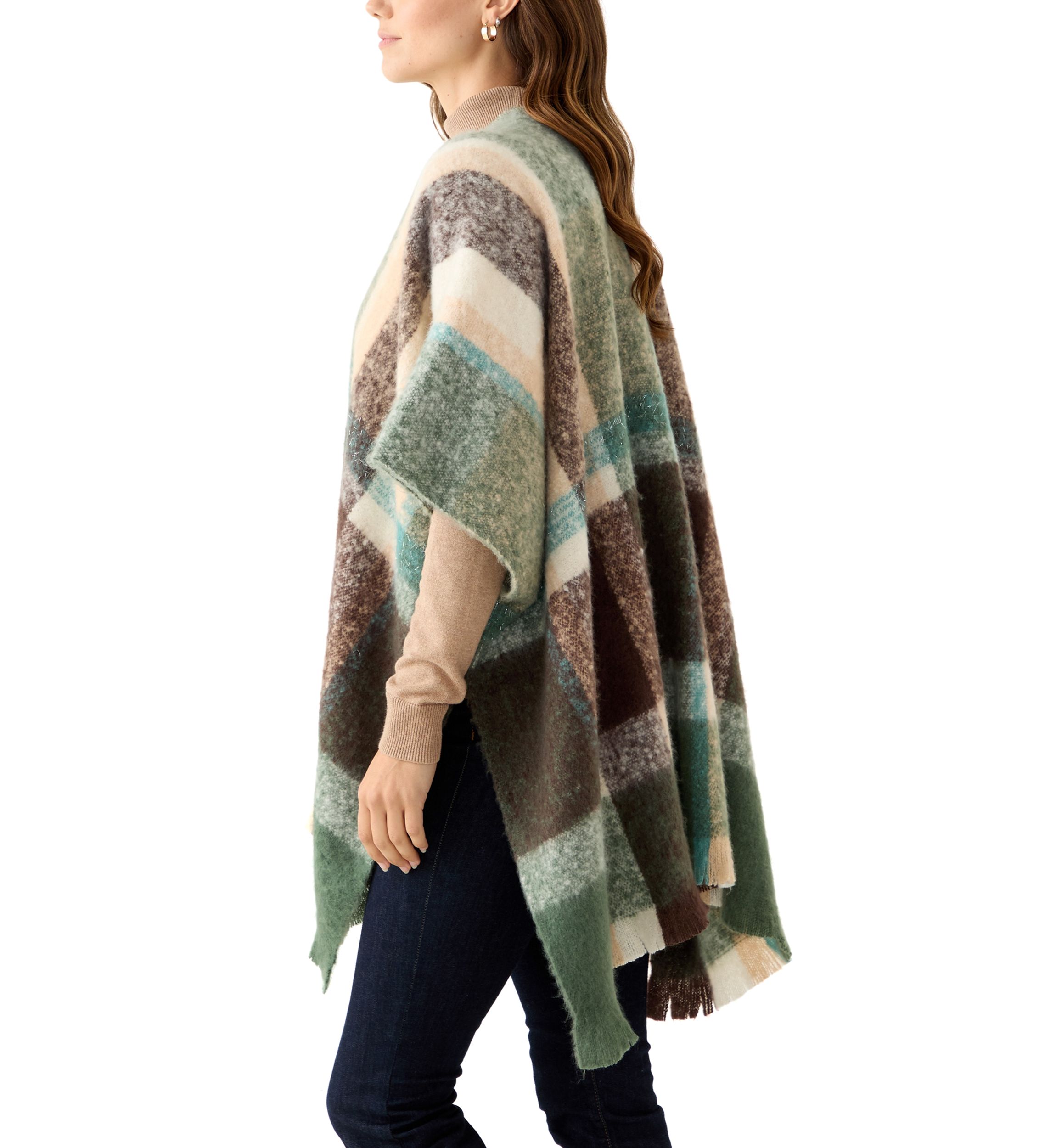 Womens Plaid Topper with Fringe 