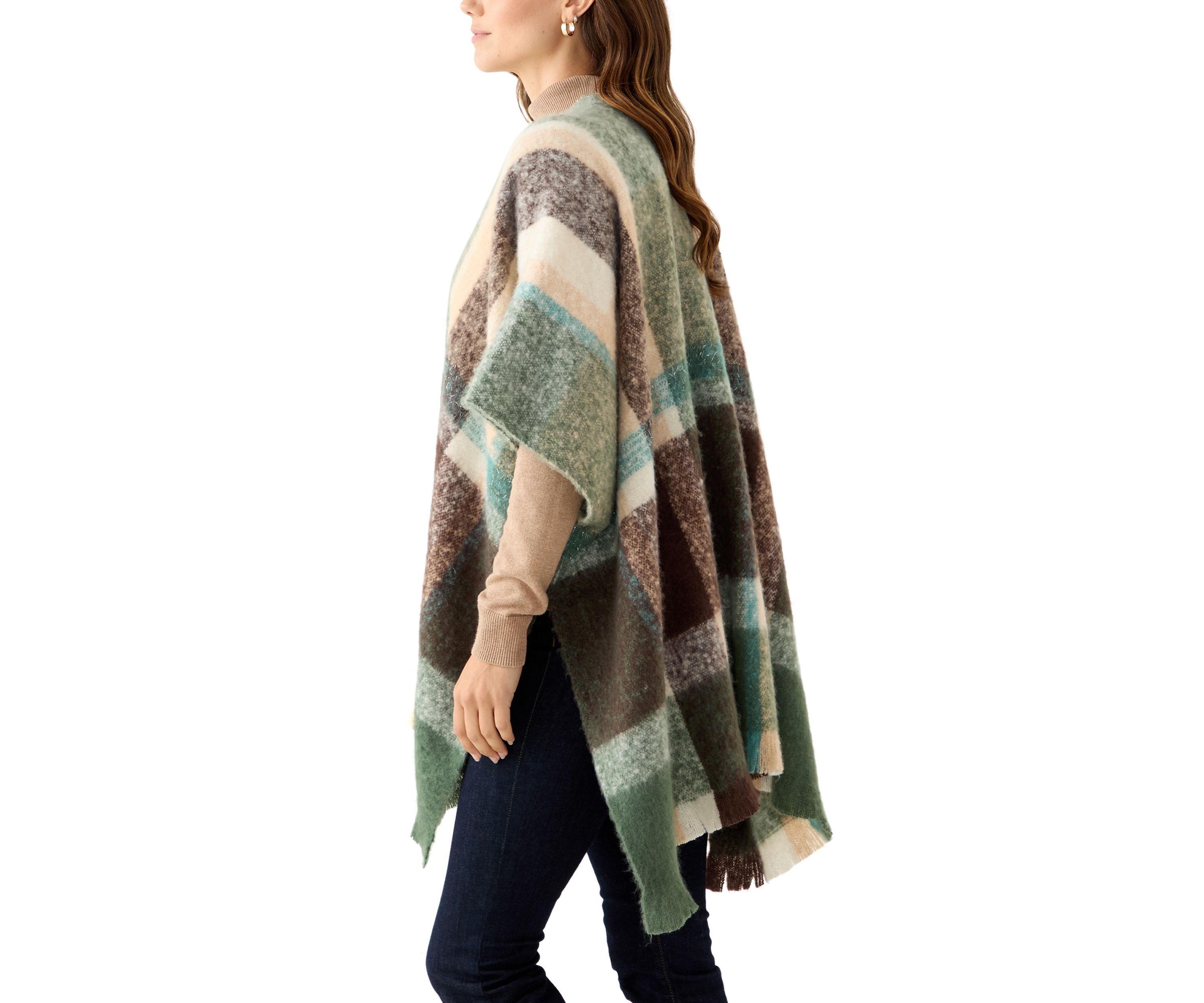 Womens Plaid Topper with Fringe 