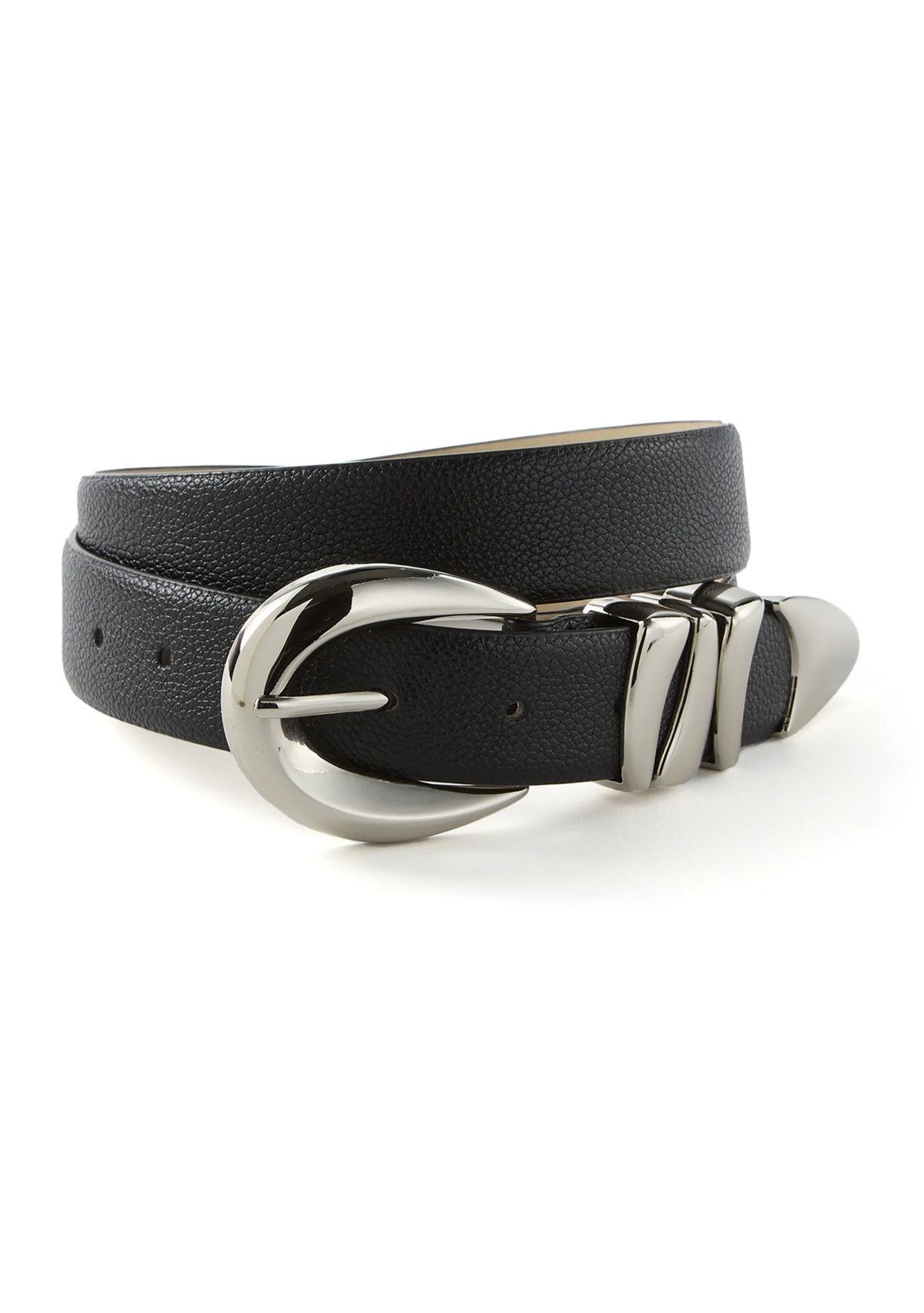 Sculptural Buckle Loops Tip Belt in Pebbled Faux Leather