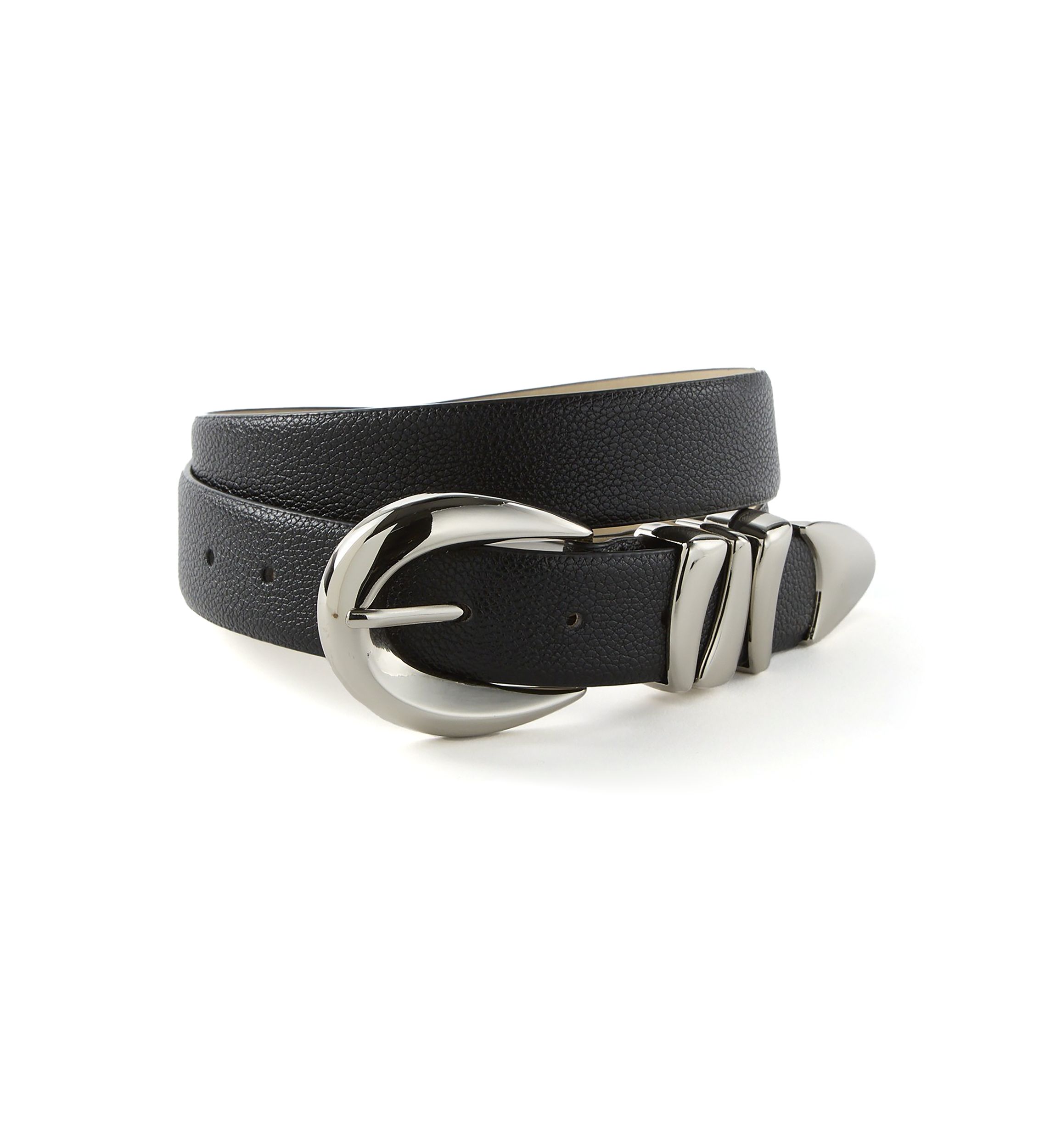 Sculptural Buckle Loops Tip Belt in Pebbled Faux Leather