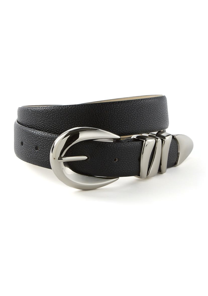 Sculptural Buckle Loops Tip Belt in Pebbled Faux Leather