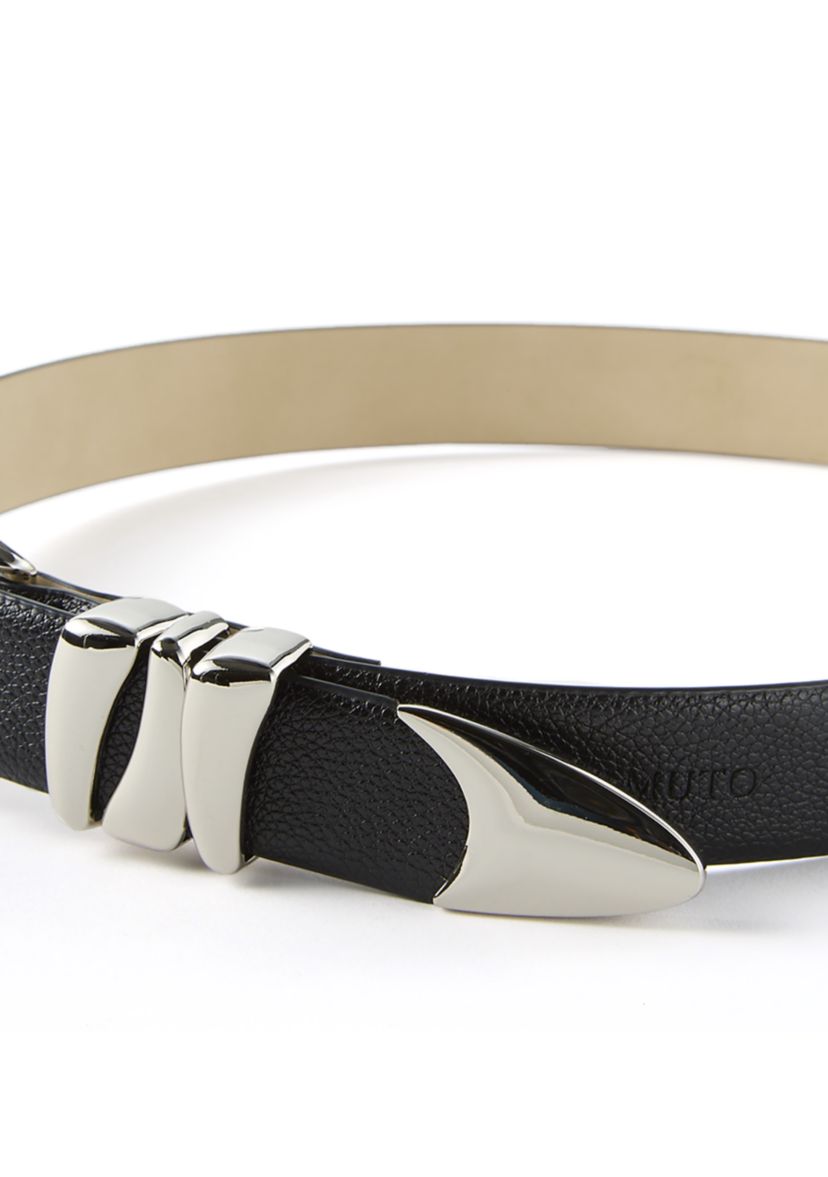 Sculptural Buckle Loops Tip Belt in Pebbled Faux Leather
