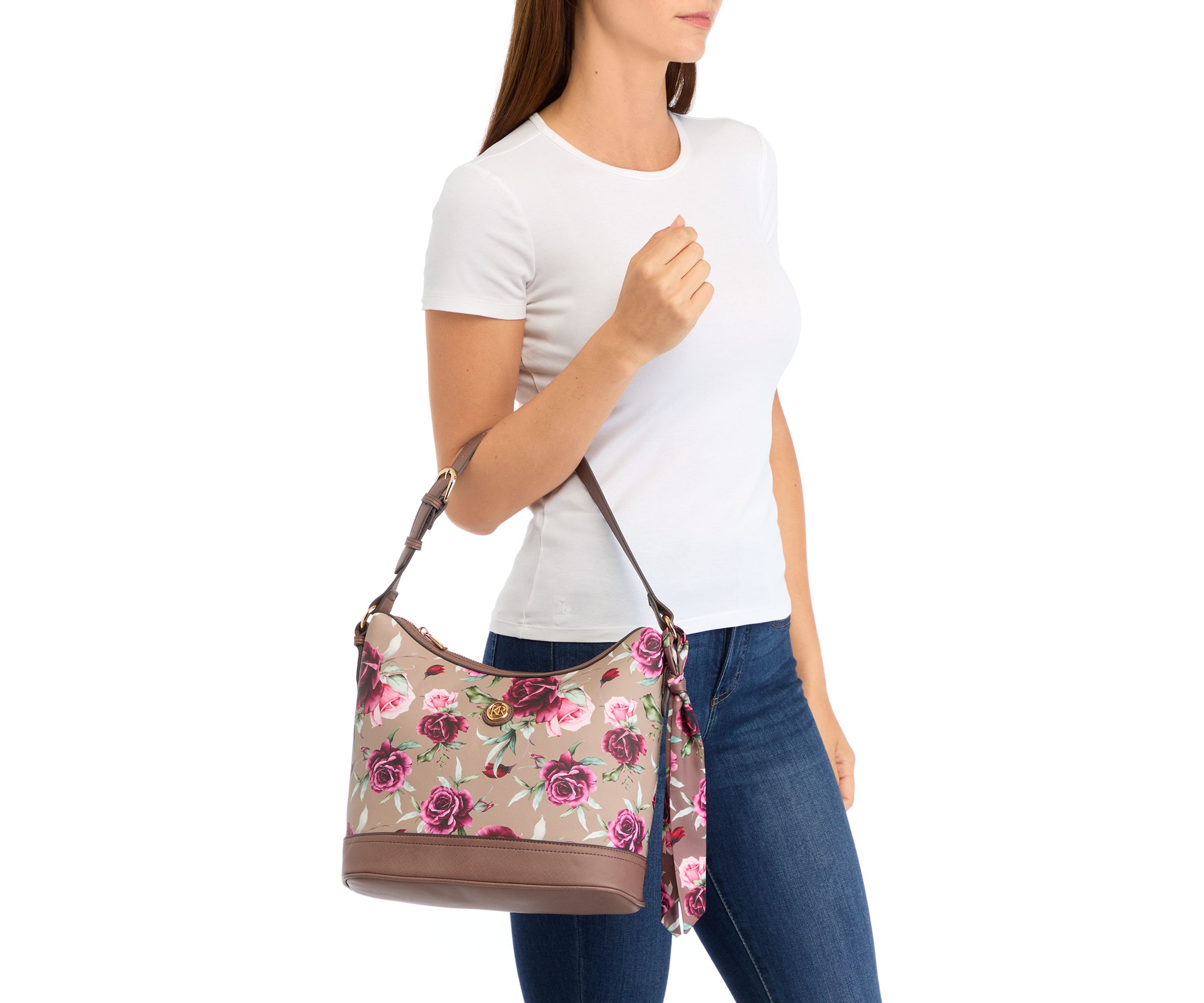 Saffiano Rose Print Hobo Bag 