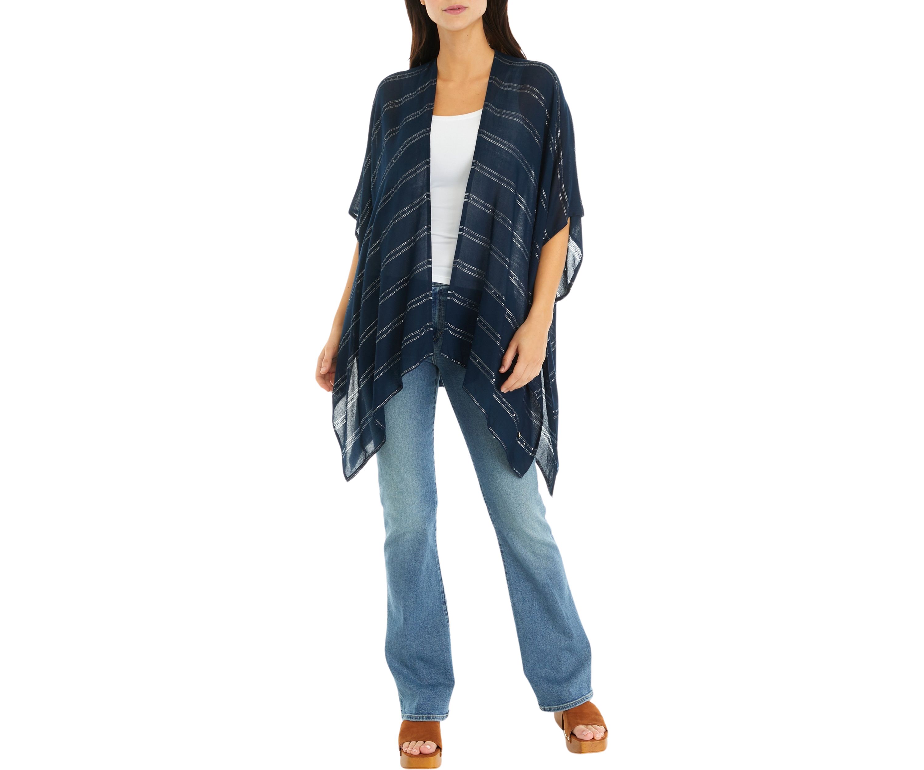 Womens Lurex Sequin Striped Ruana Wrap