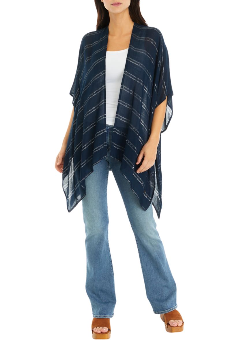 Womens Lurex Sequin Striped Ruana Wrap