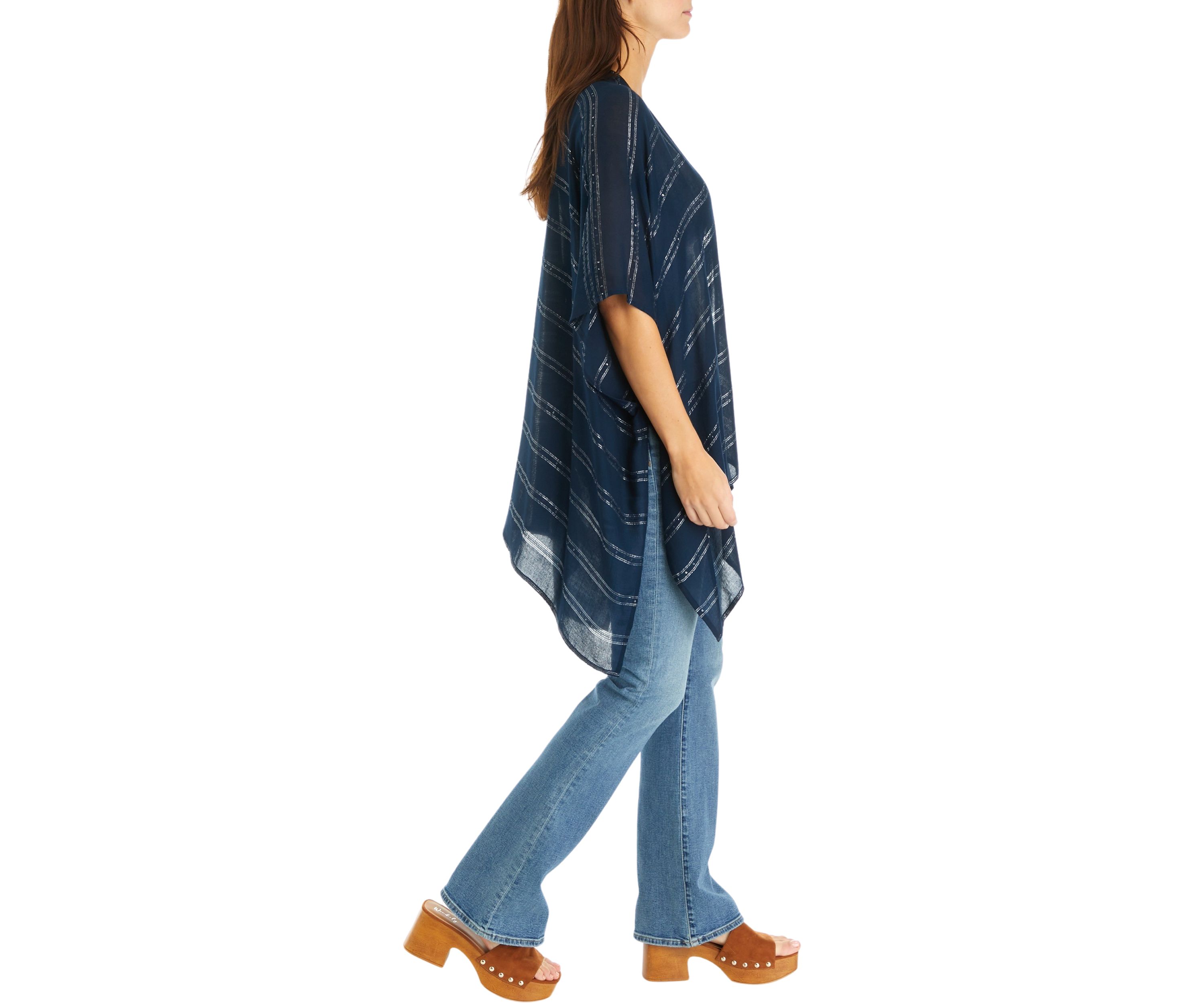 Womens Lurex Sequin Striped Ruana Wrap