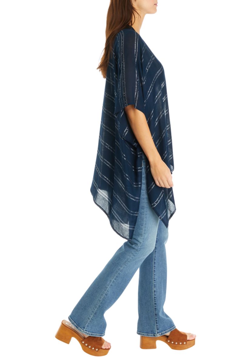 Womens Lurex Sequin Striped Ruana Wrap