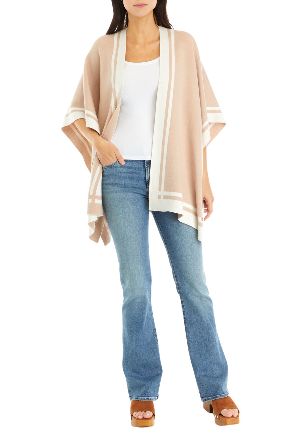 Womens Lurex Double Border Knit Striped Ruana Wrap