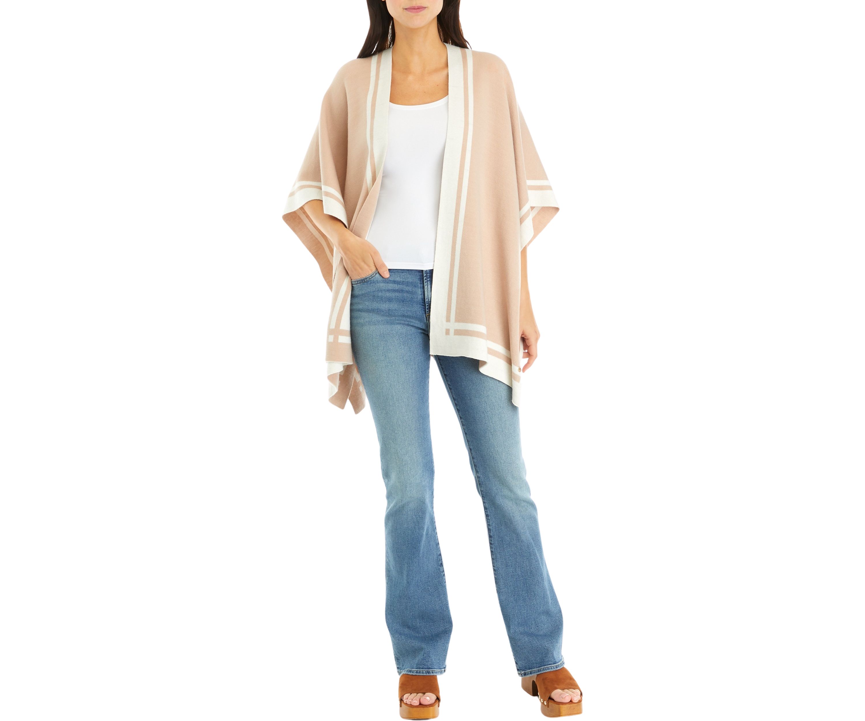 Womens Lurex Double Border Knit Striped Ruana Wrap
