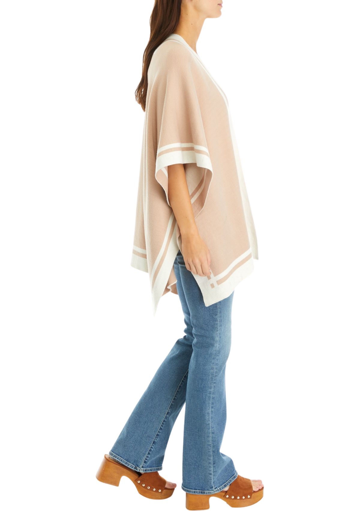 Womens Lurex Double Border Knit Striped Ruana Wrap