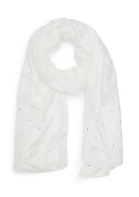Steve Madden Women's Poly Silk Scarf with Scattered Rhinestones, White