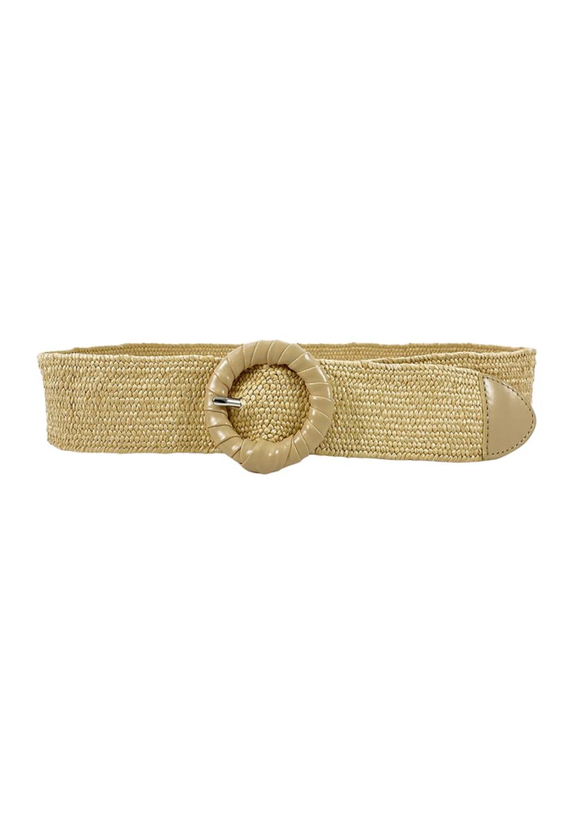 Stretchy Straw Wrapped Center Round Buckle Belt