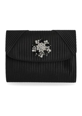 Lori Flap Brooch Pleated Satin Clutch