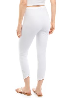 Hue Embroidered Eyelet Hem Denim Skimmer Leggings In White