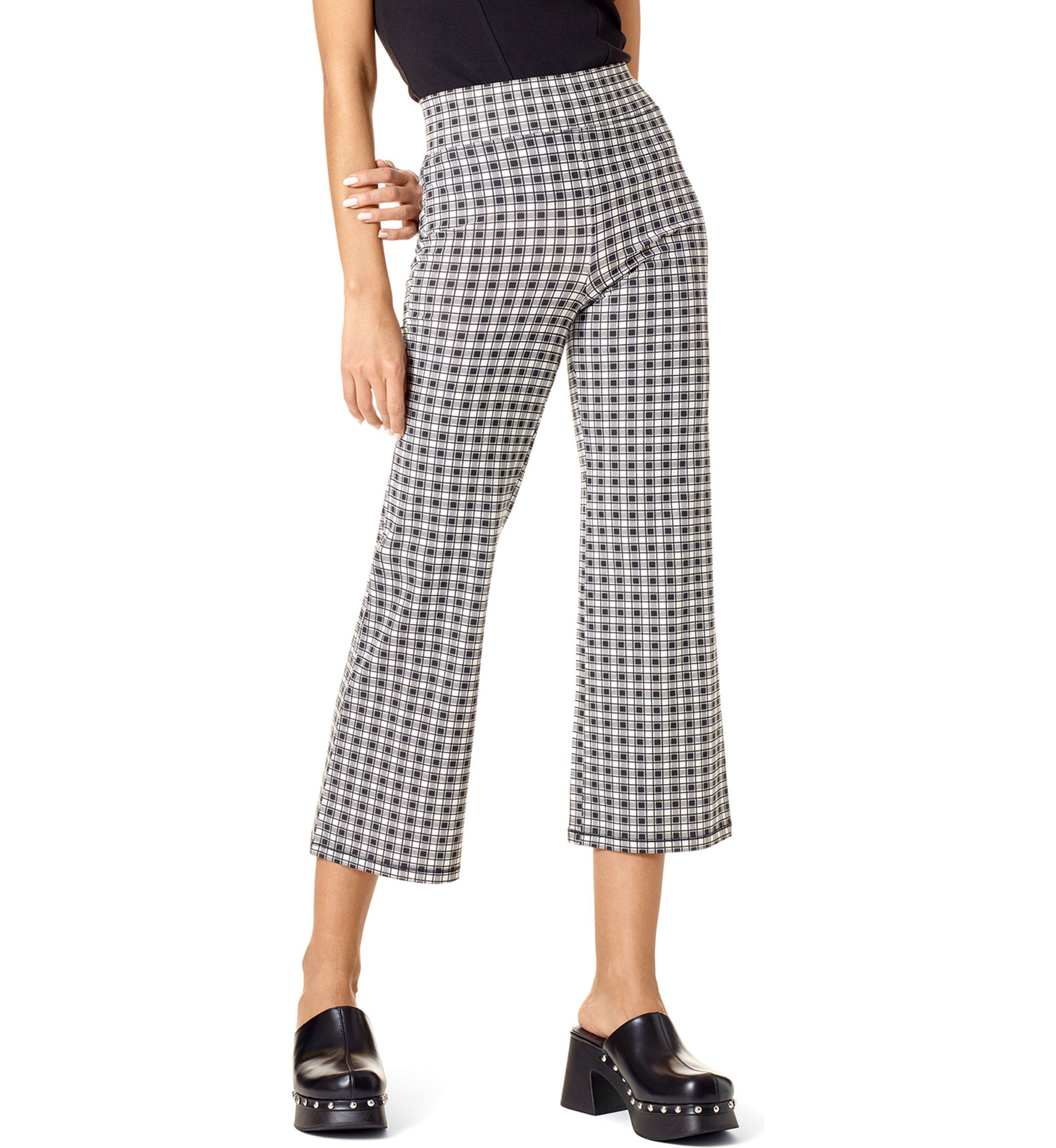  Gingham Plaid Cotton Cropped Flare Leggings