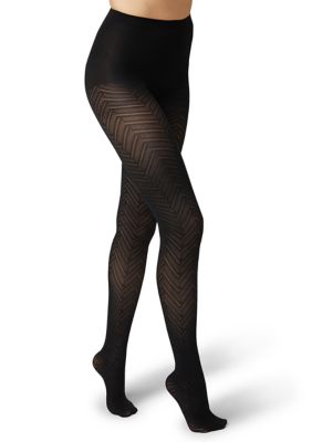 HUE Women's Opaque Chevron Sheer Tights with Control Top, Black, Medium