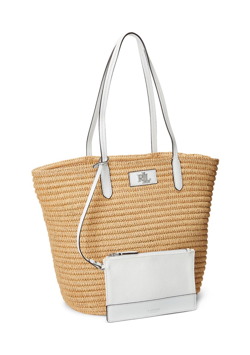 Leather-Trim Straw Large Brie Tote Bag